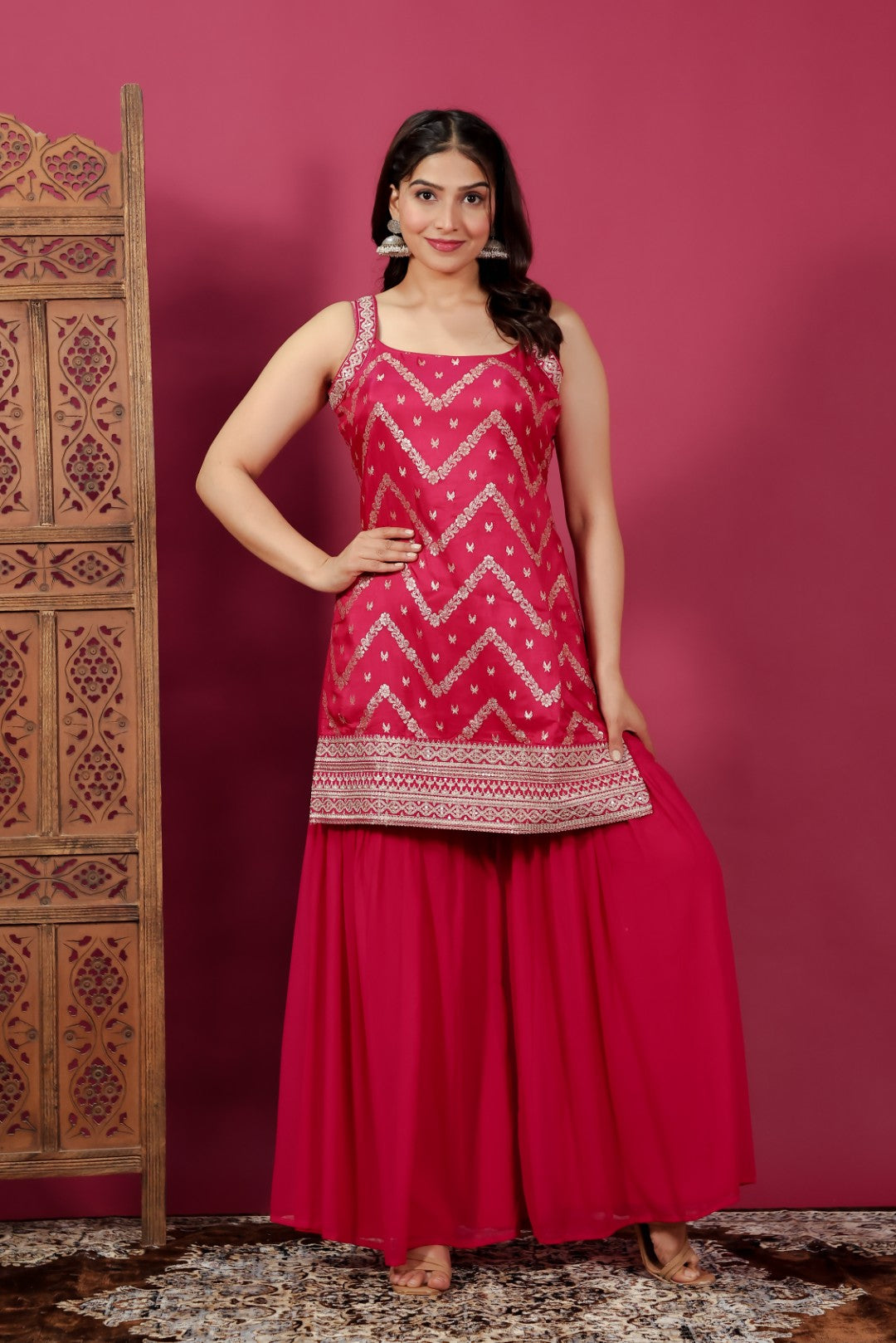 Rani Pink Ho Silk Banarasi Top with Zari Work, Sharara & Dupatta