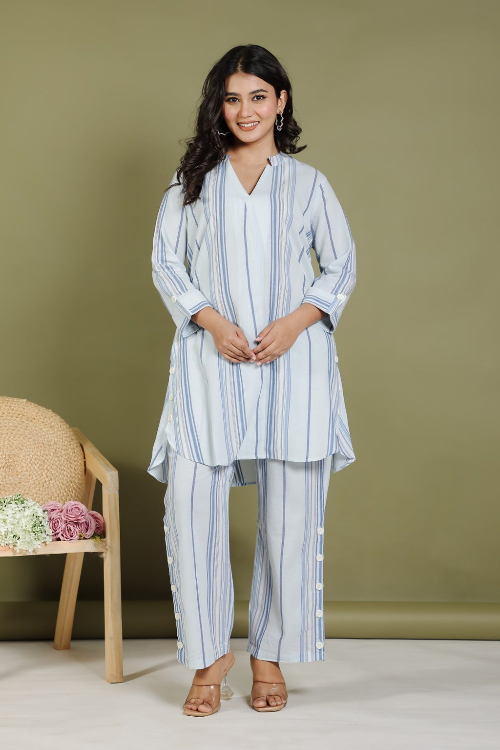 Light Sky Blue Cotton Top with Lining Prints, and Same Pant