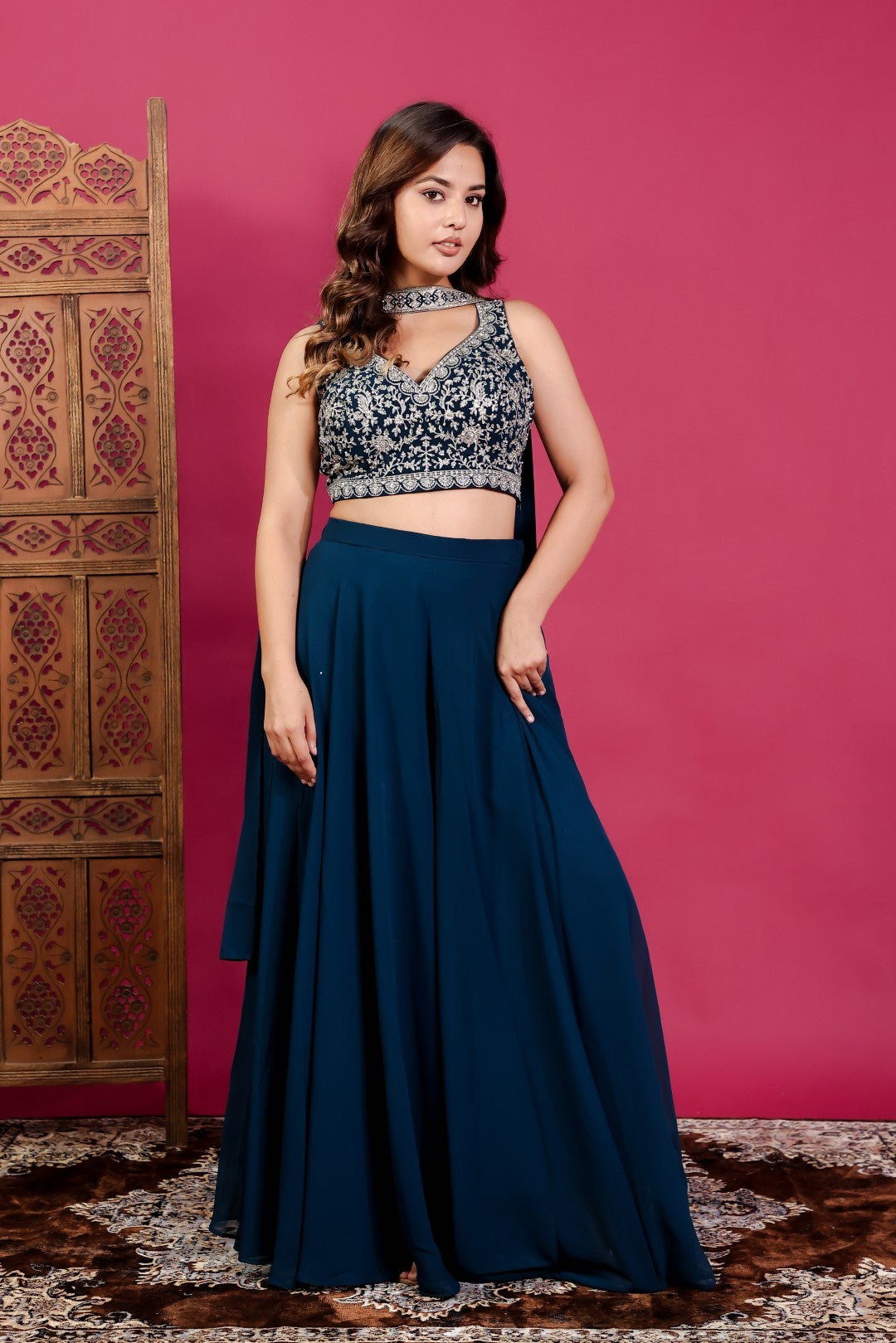 Diesel Blue Georgette Blouse with Heavy Zari Work, Sharara & Dupatta