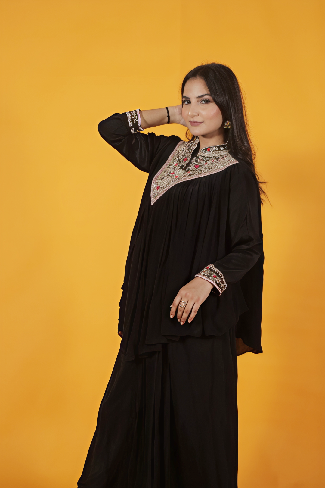 Black Crepe Silk Ponchu with Handwork and Matching Dhoti