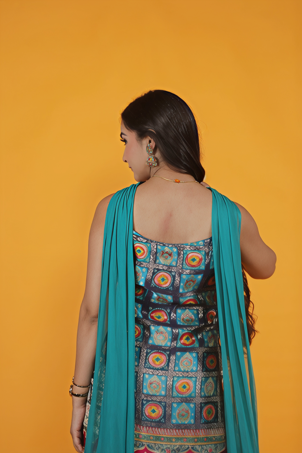 Dark Sky Blue Crepe Silk Top with Position Banarsi Prints, Sharara & Net Choker Dupatta