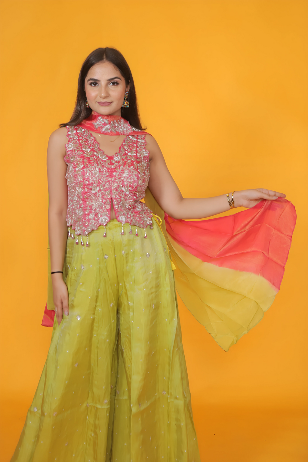 Pink Mosh Silk Blouse with Handwork, and Lime Green Sharara & Dupatta