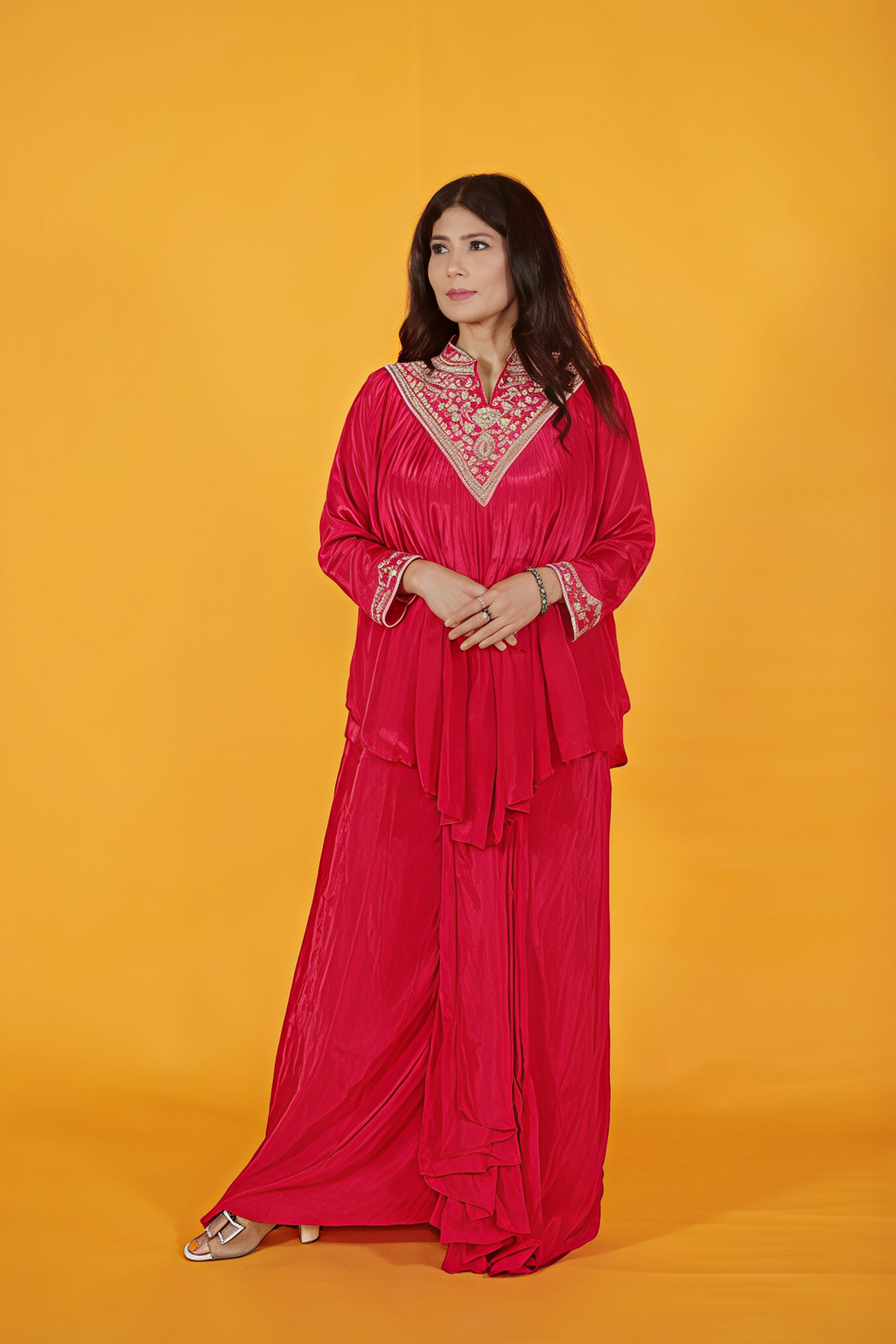 Rani Pink Crepe Silk Ponchu with Handwork and Matching Dhoti