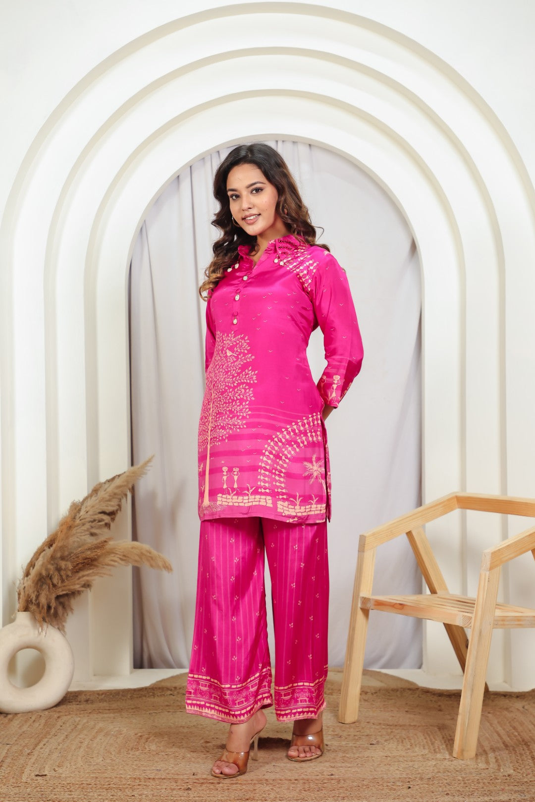 Rani Pink Silk with Tree Printed Co-ord Set