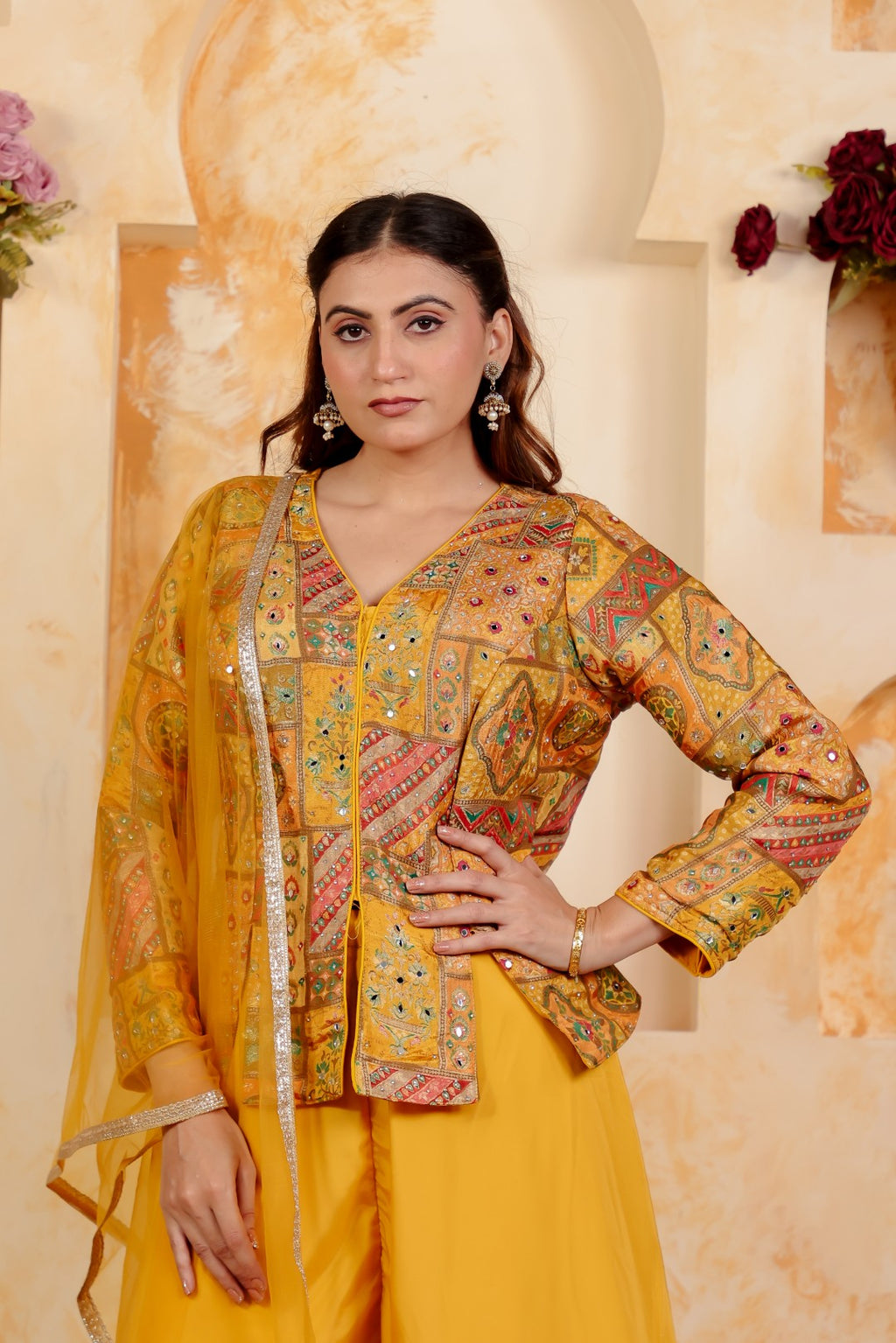 Yellow Silk Position Printed Top, with Sharara & Dupatta
