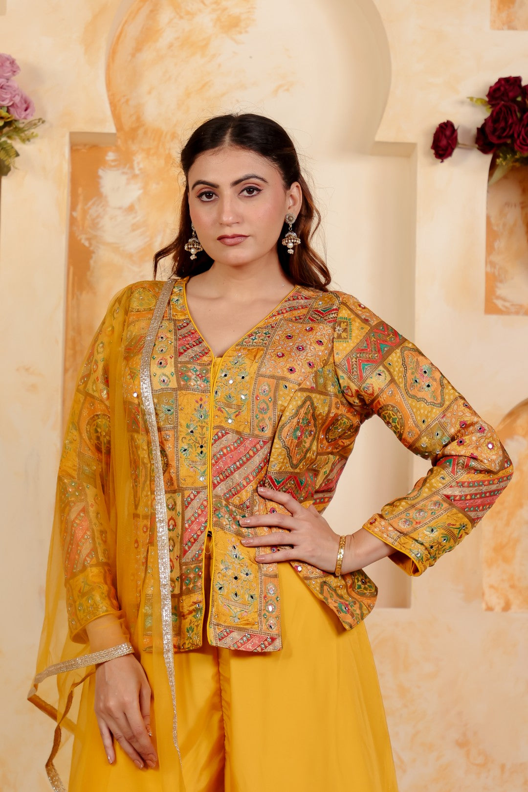 Yellow Silk Position Printed Top, with Sharara & Dupatta
