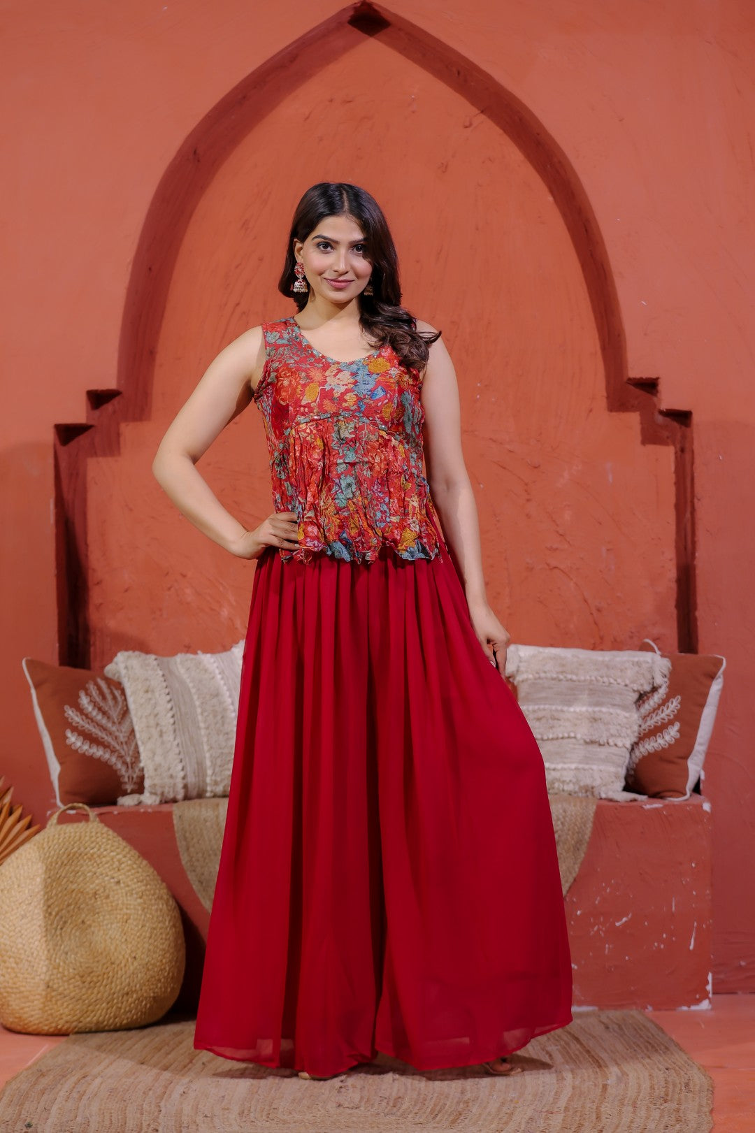 Maroon Chinon Silk Printed Top with Handwork, Sharara & Dupatta