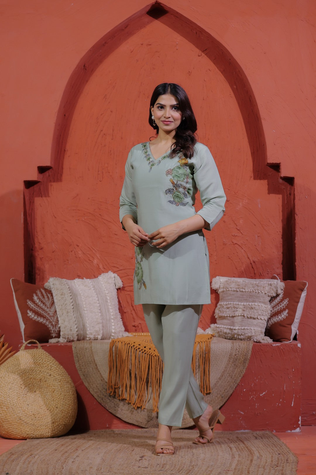 Pista Green Muslin with Colorful Foil Floral Printed Co-ord Set