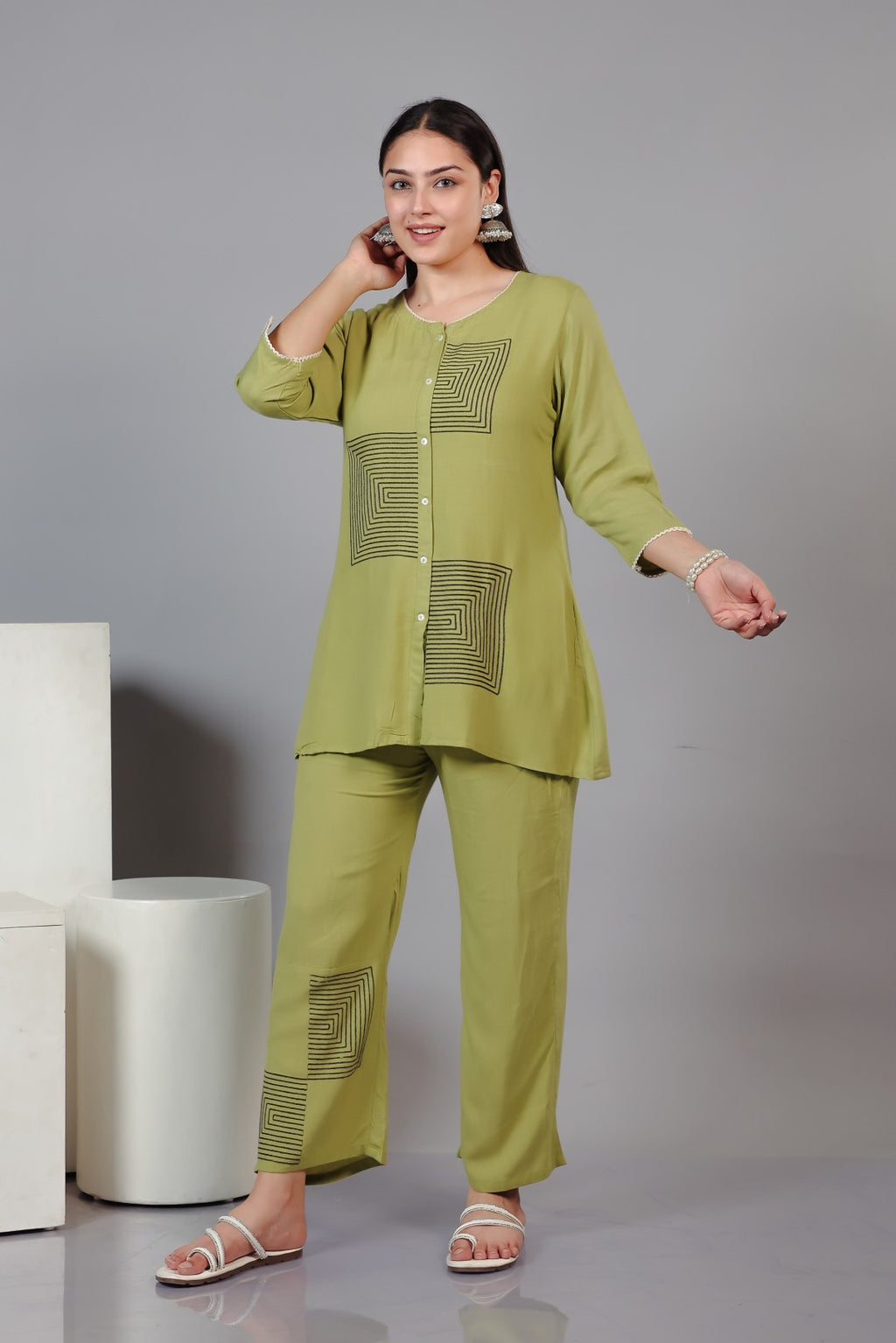 Pista Green Rayon Top with Thread Work Co-ord Set