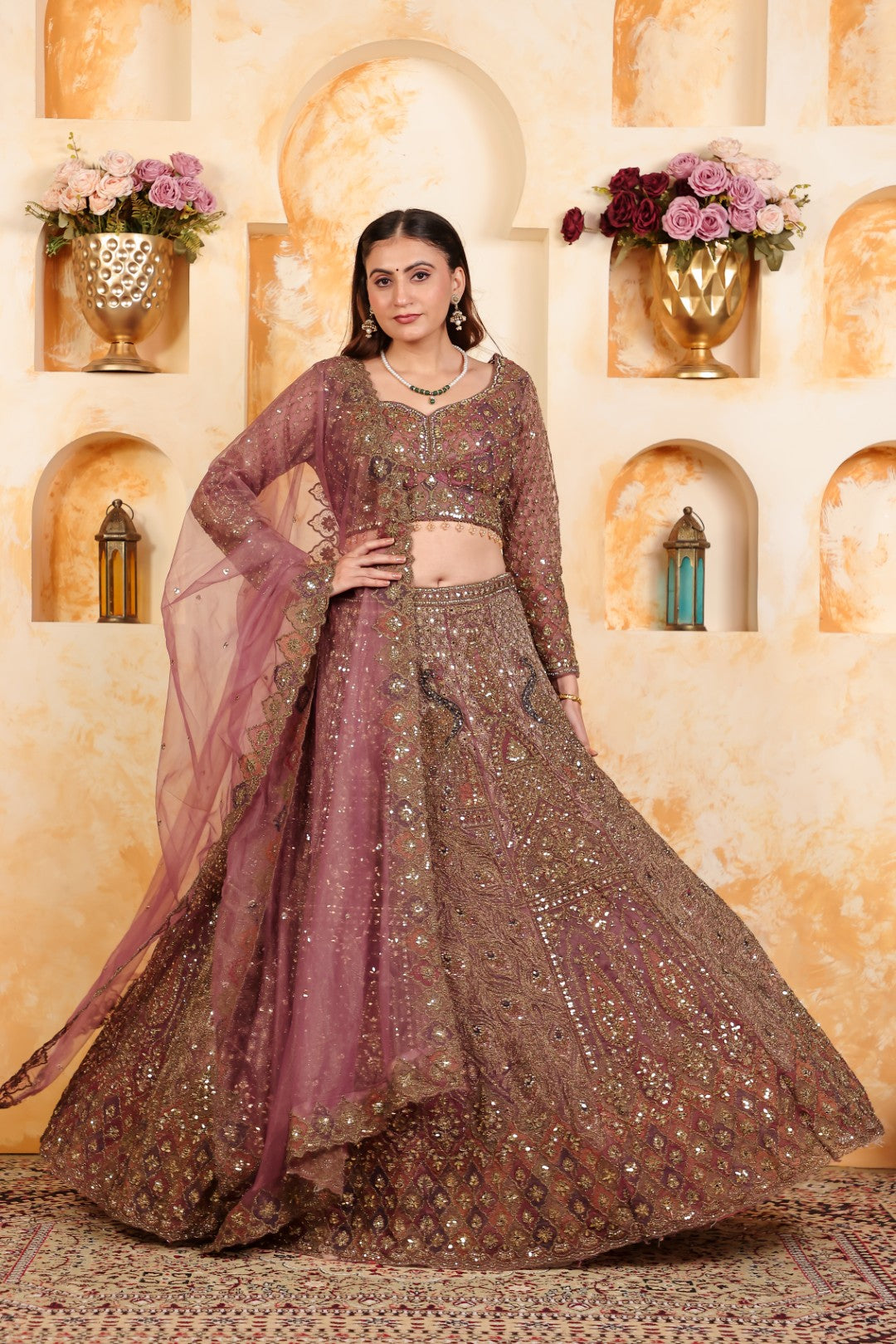 Dried Lavender Twill Net Lehenga with Heavy Zari Work, Blouse & Dupatta