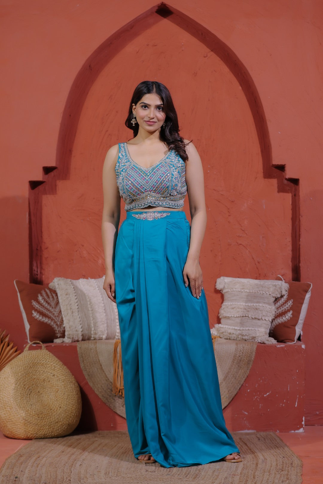 Rama Green Crepe Silk Blouse with Hand & Thread Work, Sharara & Shrug
