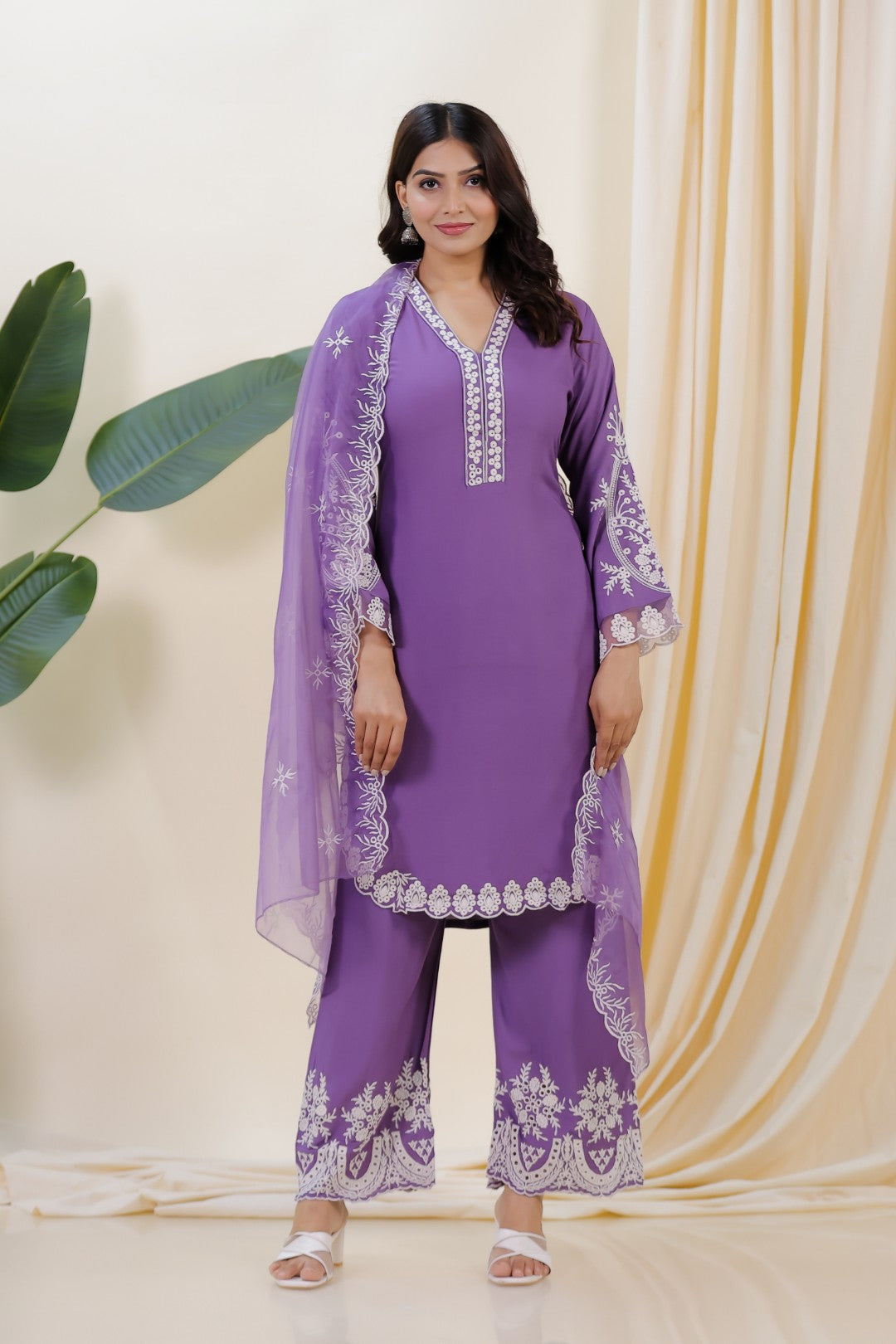 Lavender Rayon Cotton Suit with Thread Work, Palazzo Dupatta
