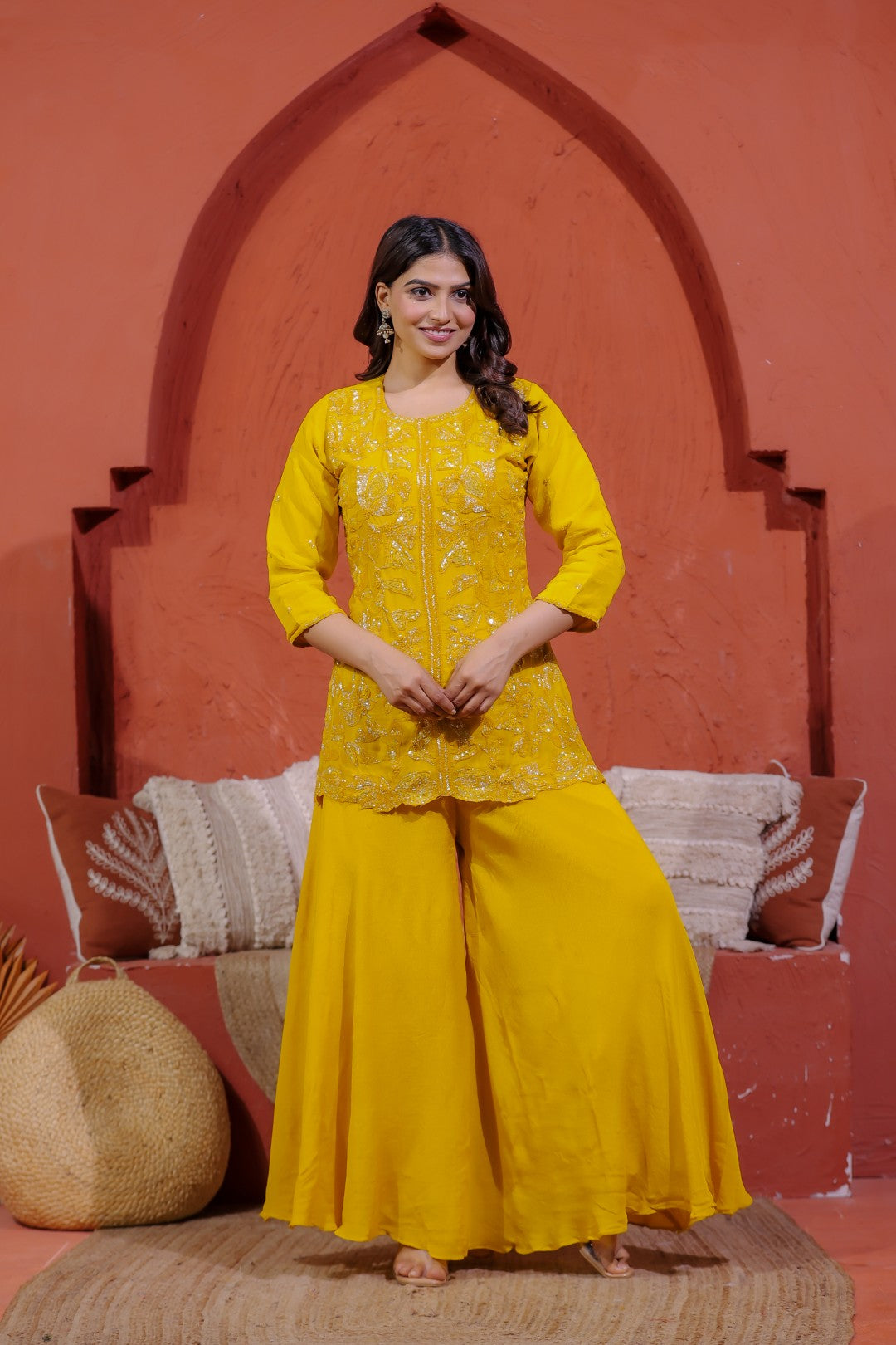 Yellow Pure Organza Top with Sequin Handwork, Sharara & Dupatta