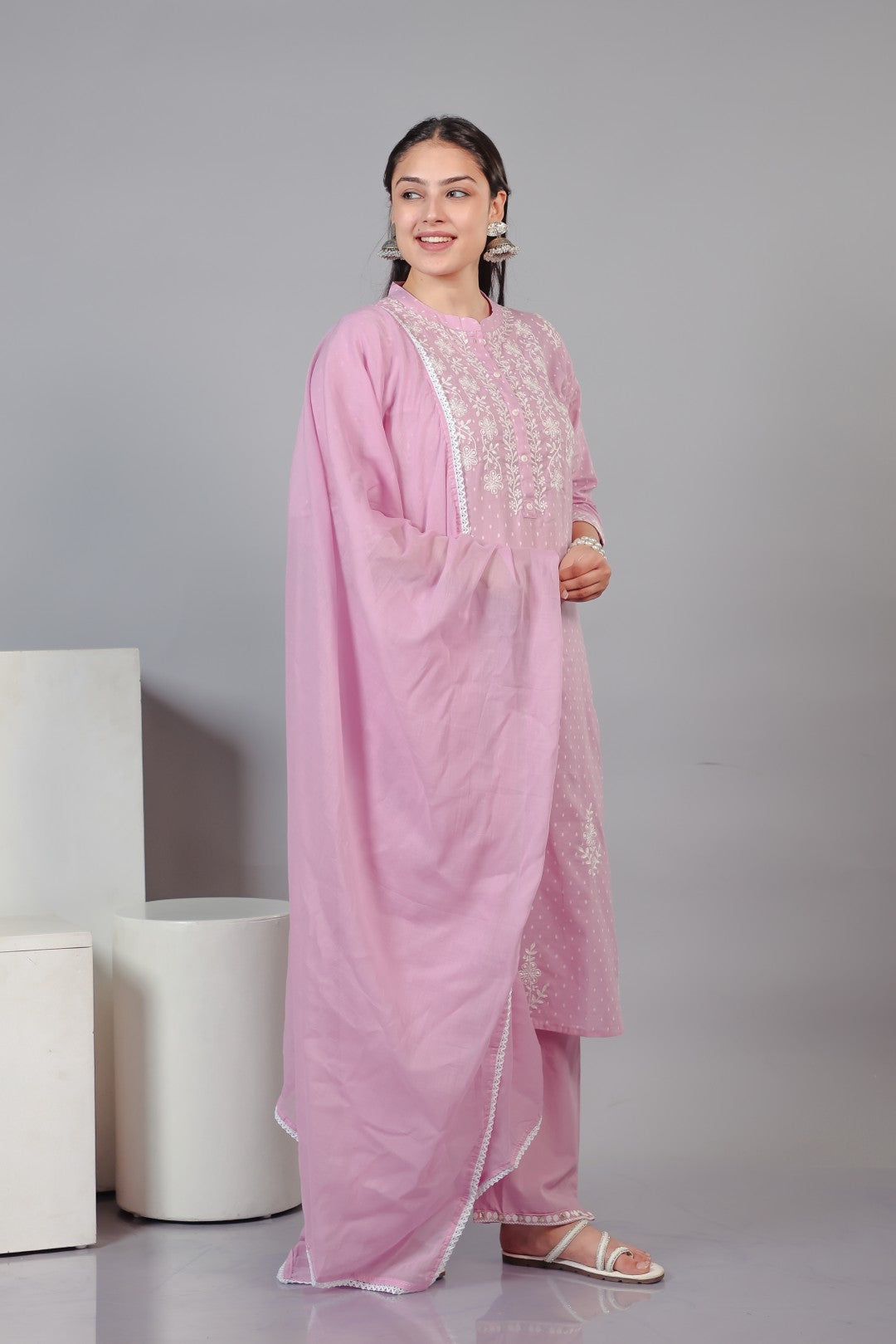 Pink Cotton Suit with Fine Thread Work, Bottom & Dupatta