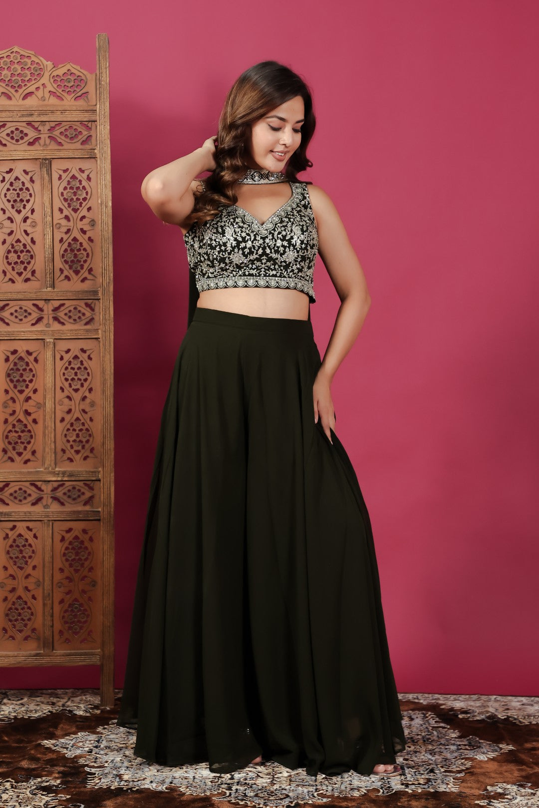 Dark Green Georgette Blouse with Heavy Zari Work, Sharara & Dupatta