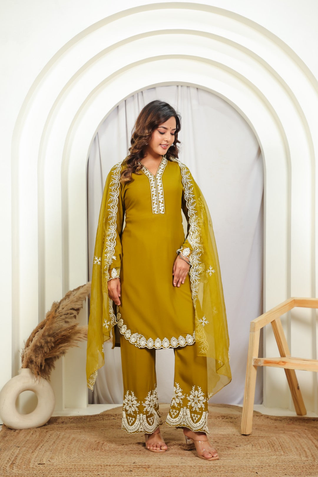 Mehendi Green Rayon Cotton Suit with Thread Work, Palazzo & Dupatta