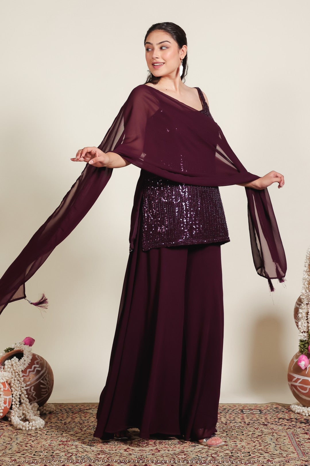Wine Georgette Suit with Handwork, Sharara & Dupatta
