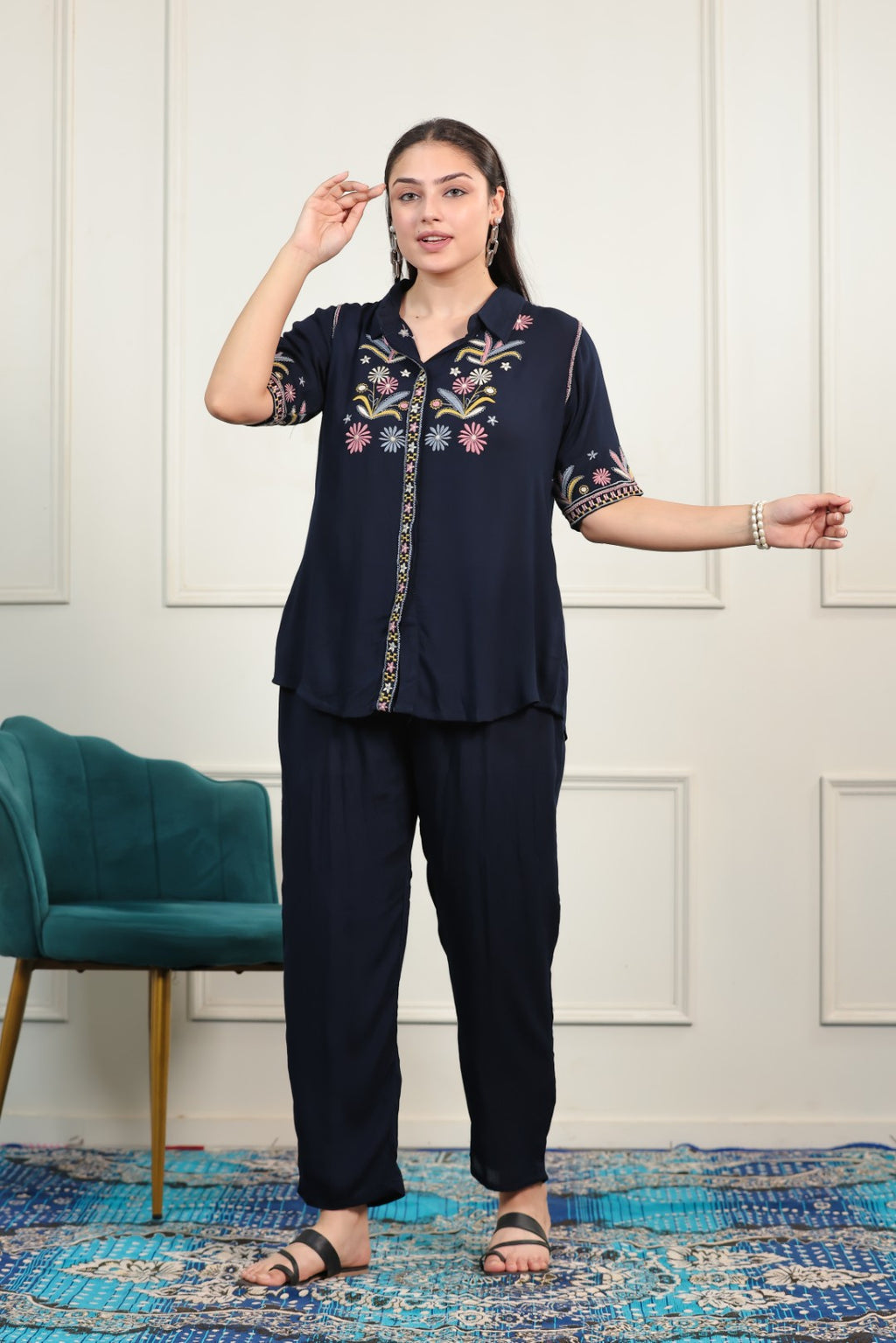 Navy Blue Rayon with Thread Work Co-ord Set