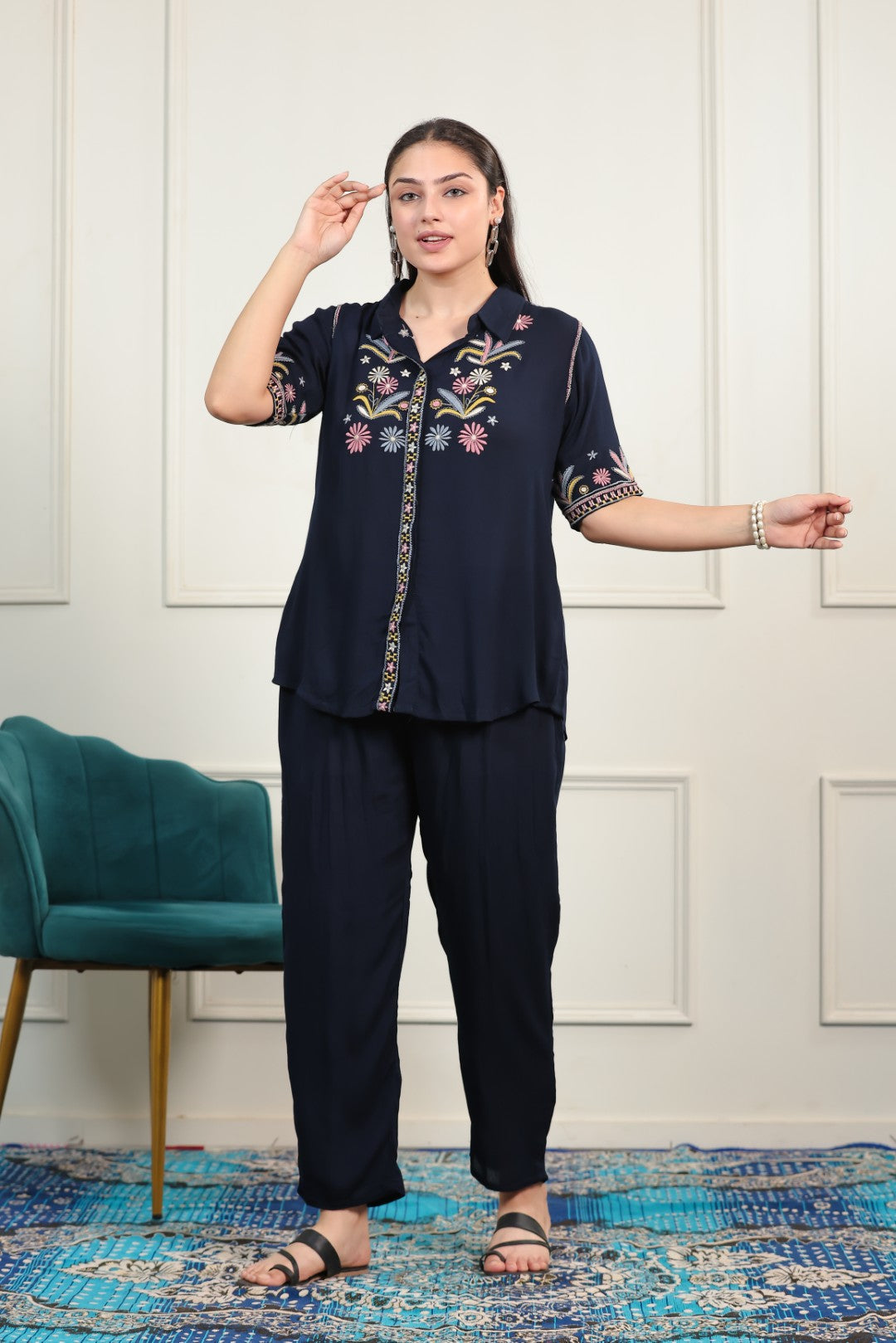 Navy Blue Rayon with Thread Work Co-ord Set