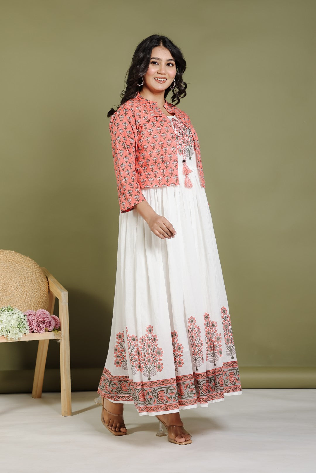 Offwhite Mulmul Cotton Suit with Hand Block Sanganeri Print and Rust Grey Hand Block Sanganeri Printed Jacket