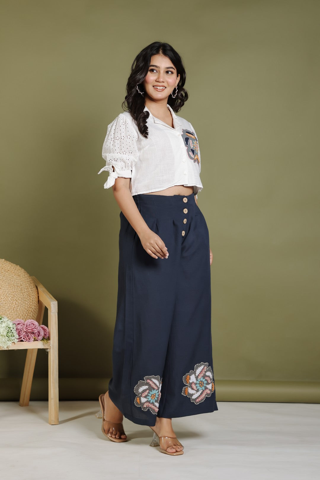 Offwhite Cotton Top with Patch Thread Work and Teal Blue Linen Cotton Palazzo Pant