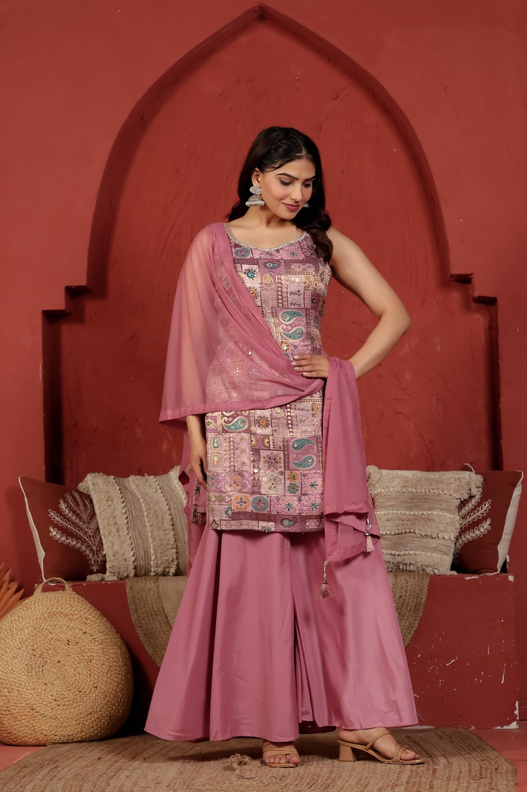 Pink Banarasi Silk Printed Suit, Sharara & Net Dupatta