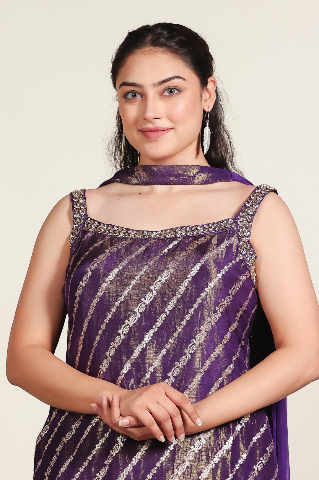 Purple Mosh Silk Suit with Banarsi Print Handwork, Sharara & Dupatta