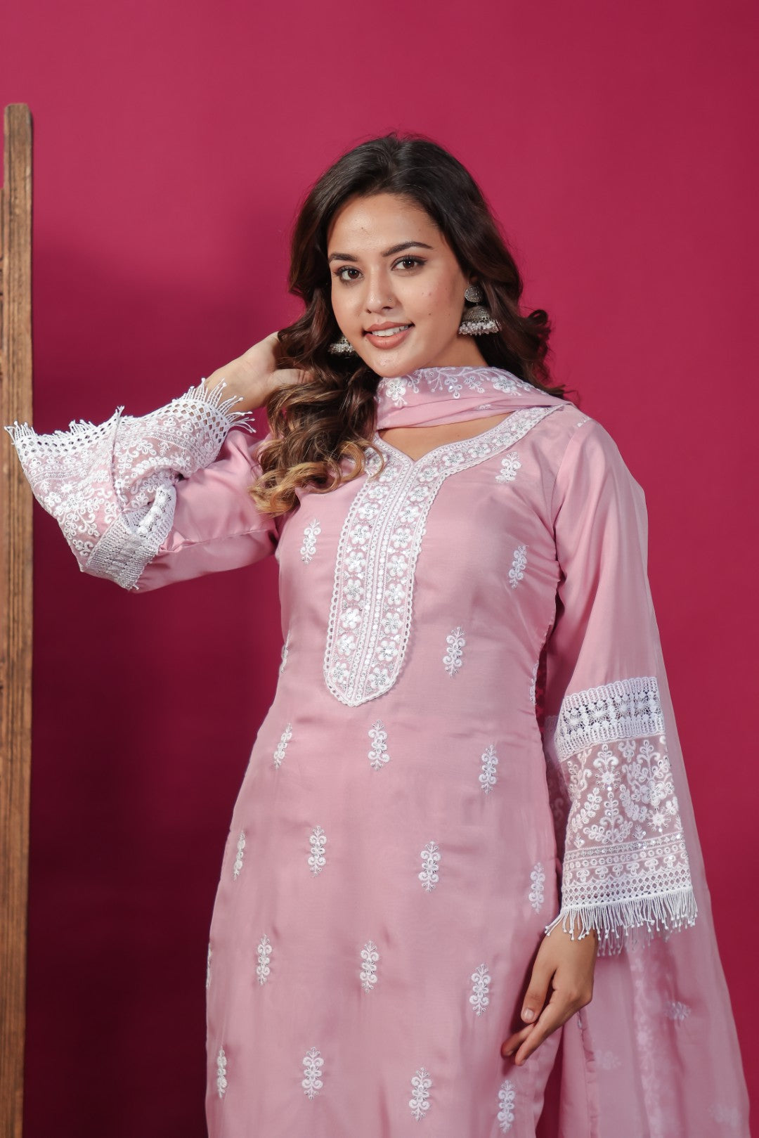 Baby Pink Organza Suit with Thread  Work, Bottom & Dupatta