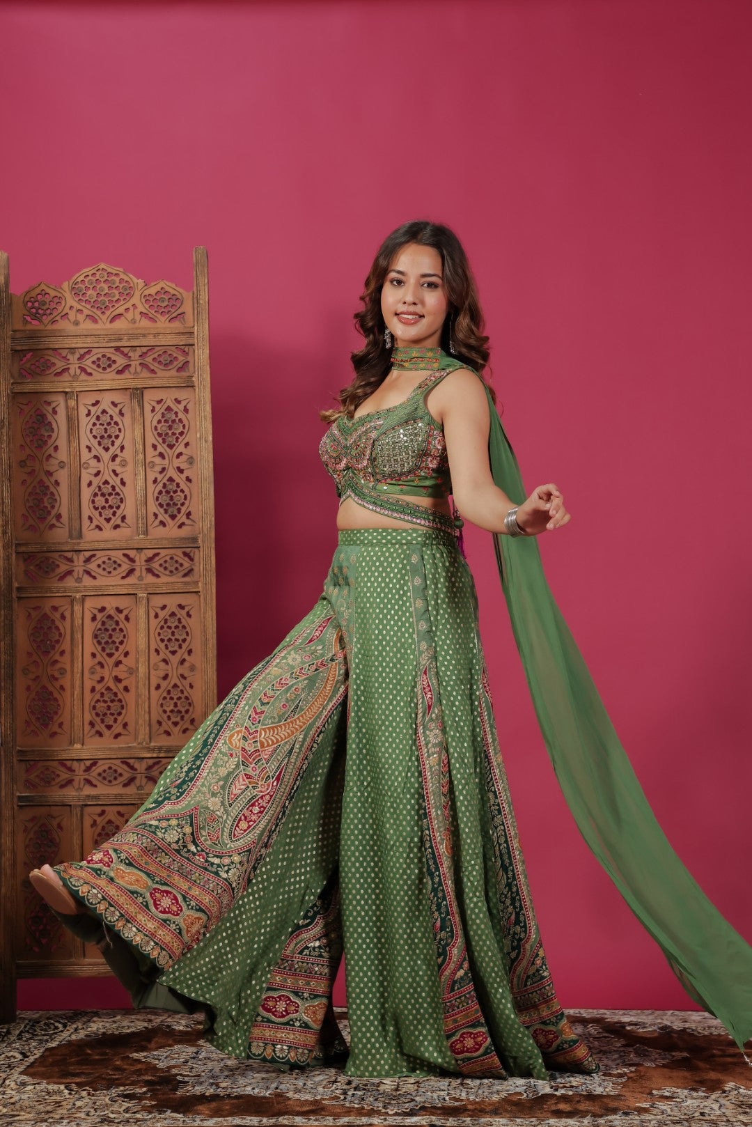 Green Silk Blouse with Zari & Mirror Work, Banarasi Printed Sharara & Dupatta