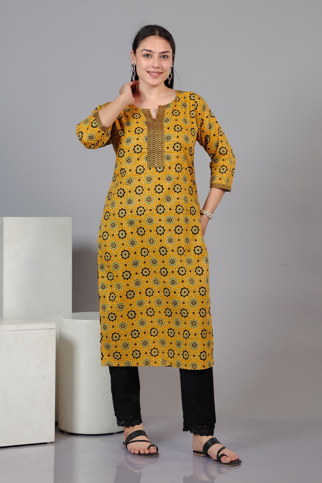 Yellow Cotton Printed Suit with Bottom & Dupatta