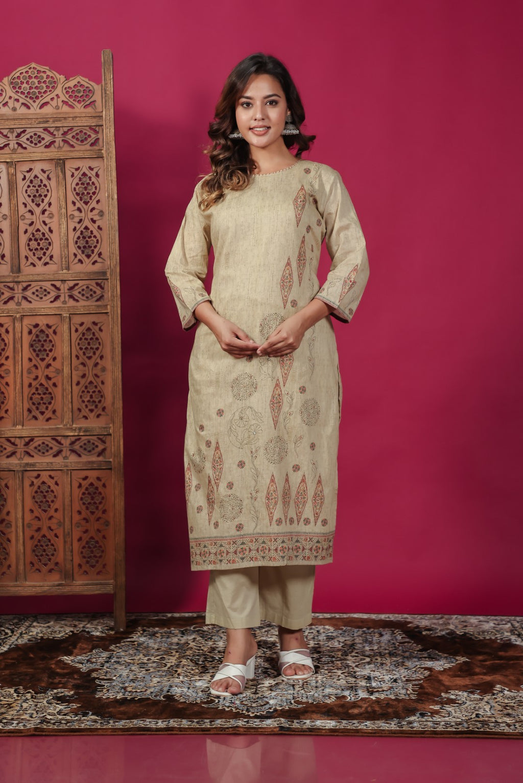 Beige Cotton Katha Print Suit, Bottom & Dupatta