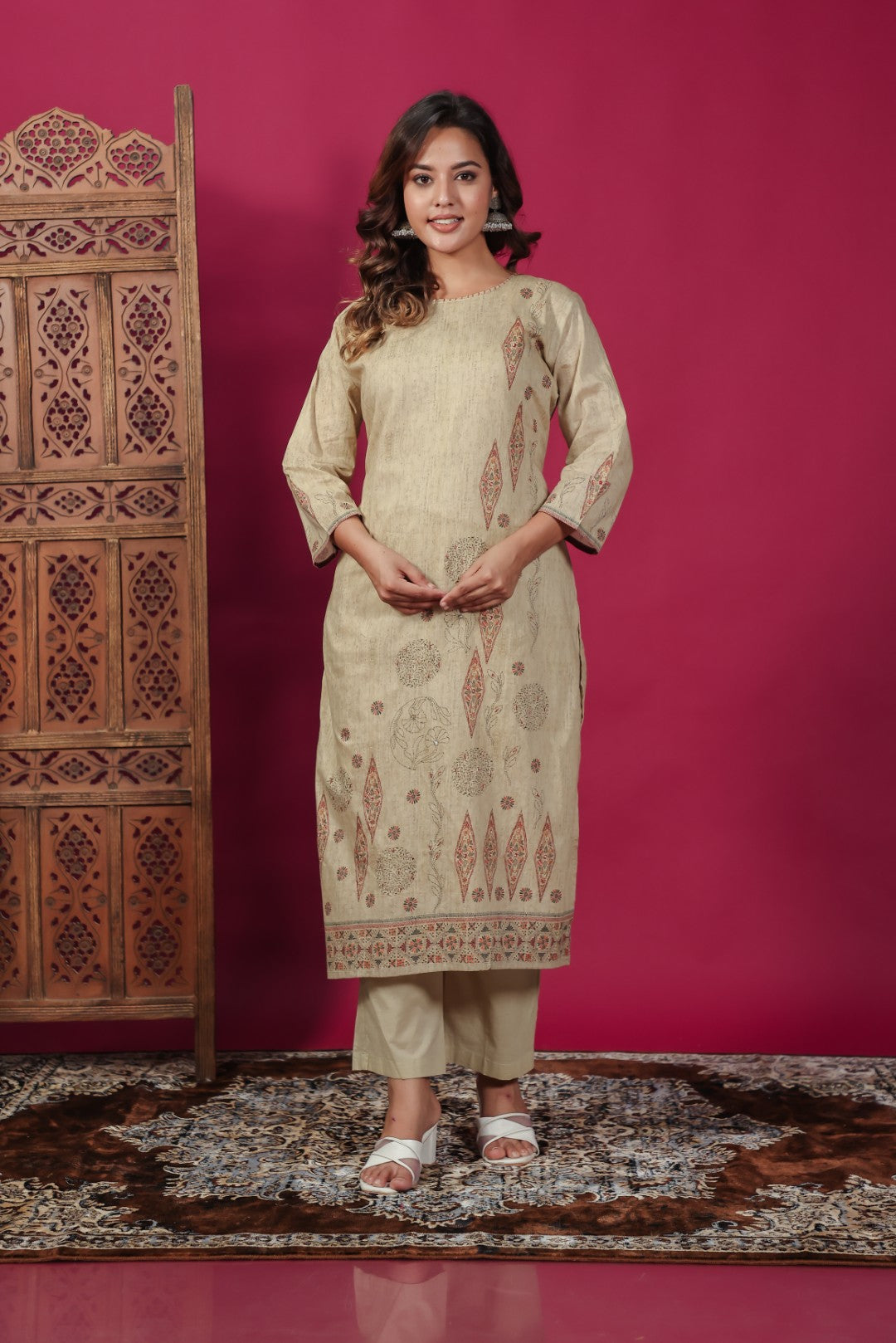 Beige Cotton Katha Print Suit, Bottom & Dupatta