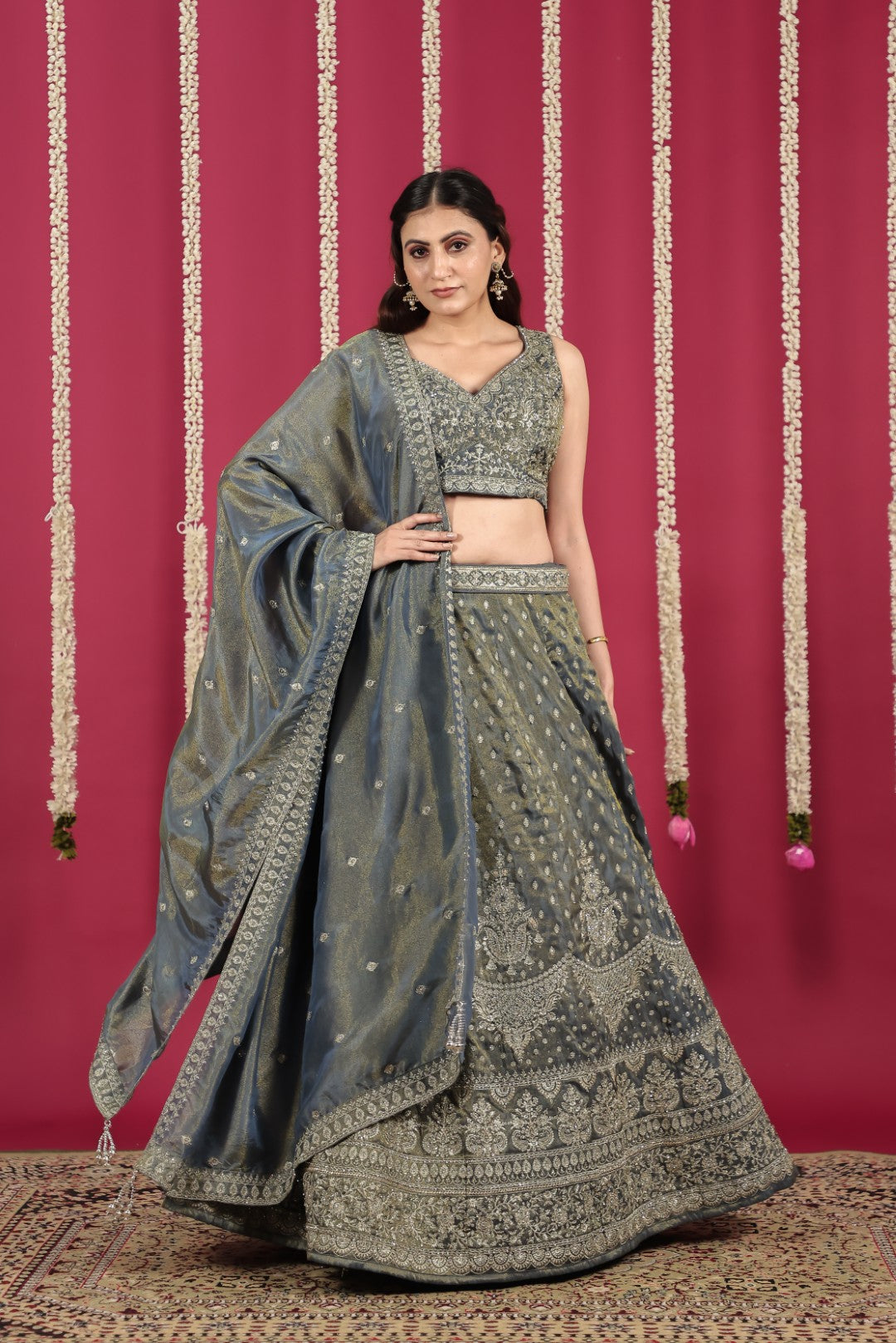 Steal Grey Mosh Silk Blouse with Full Heavy Zari Work, Lehenga & Dupatta