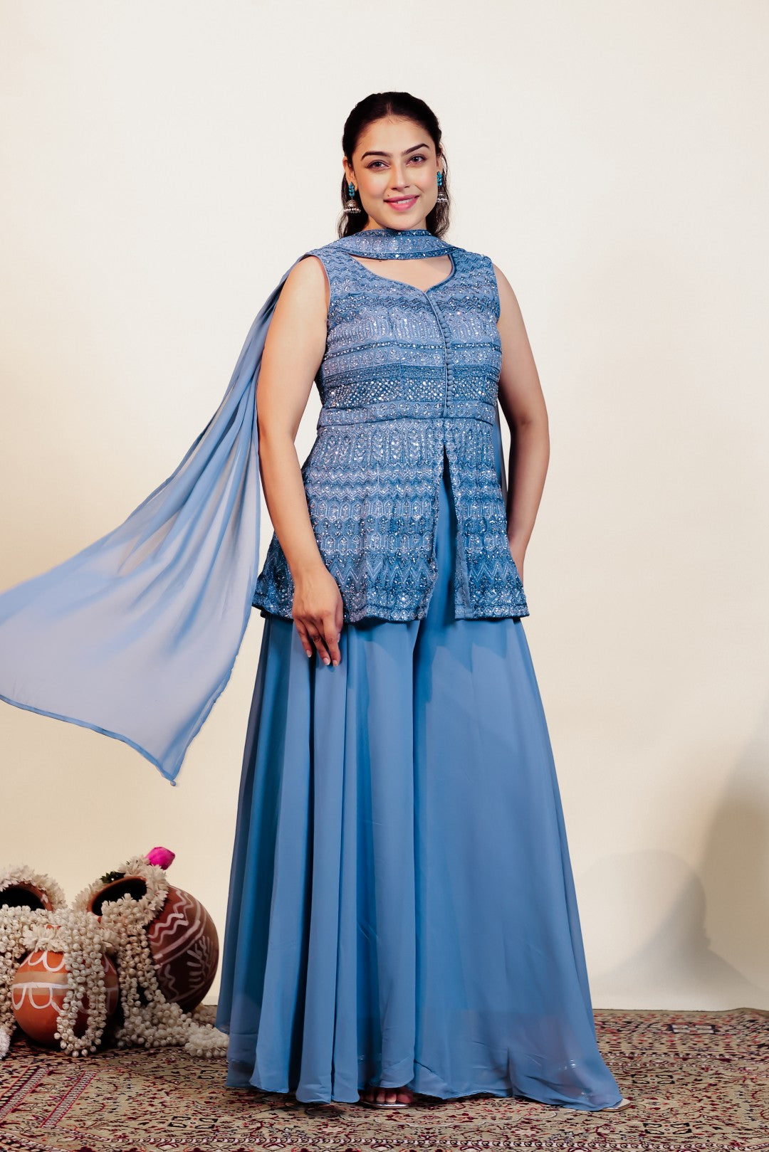 Grey Georgette Peplum Top with Zari Work, Sharara & Choker Style Dupatta