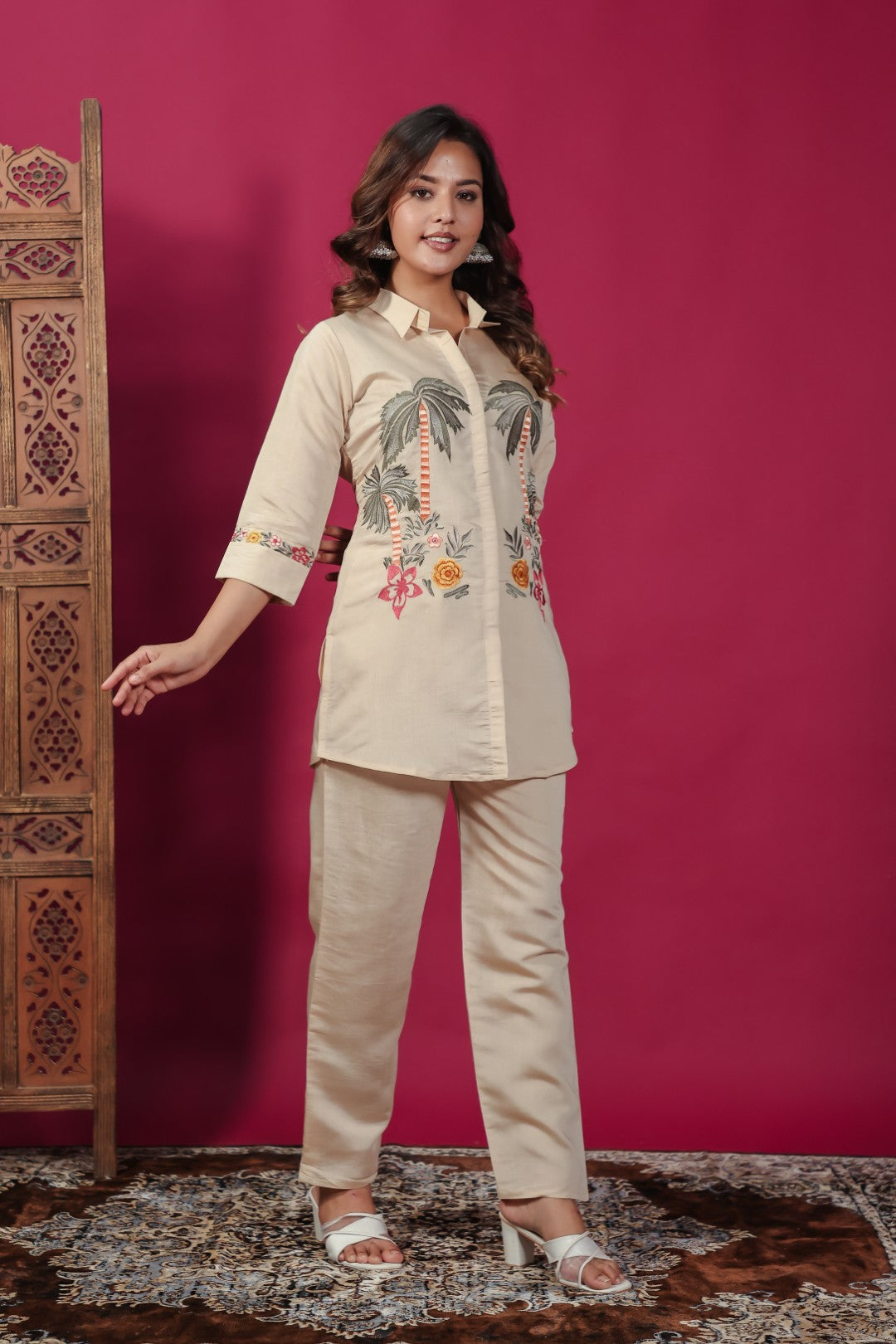 Beige Muslin Silk with Tree & Floral Thread Work Co-ord Set