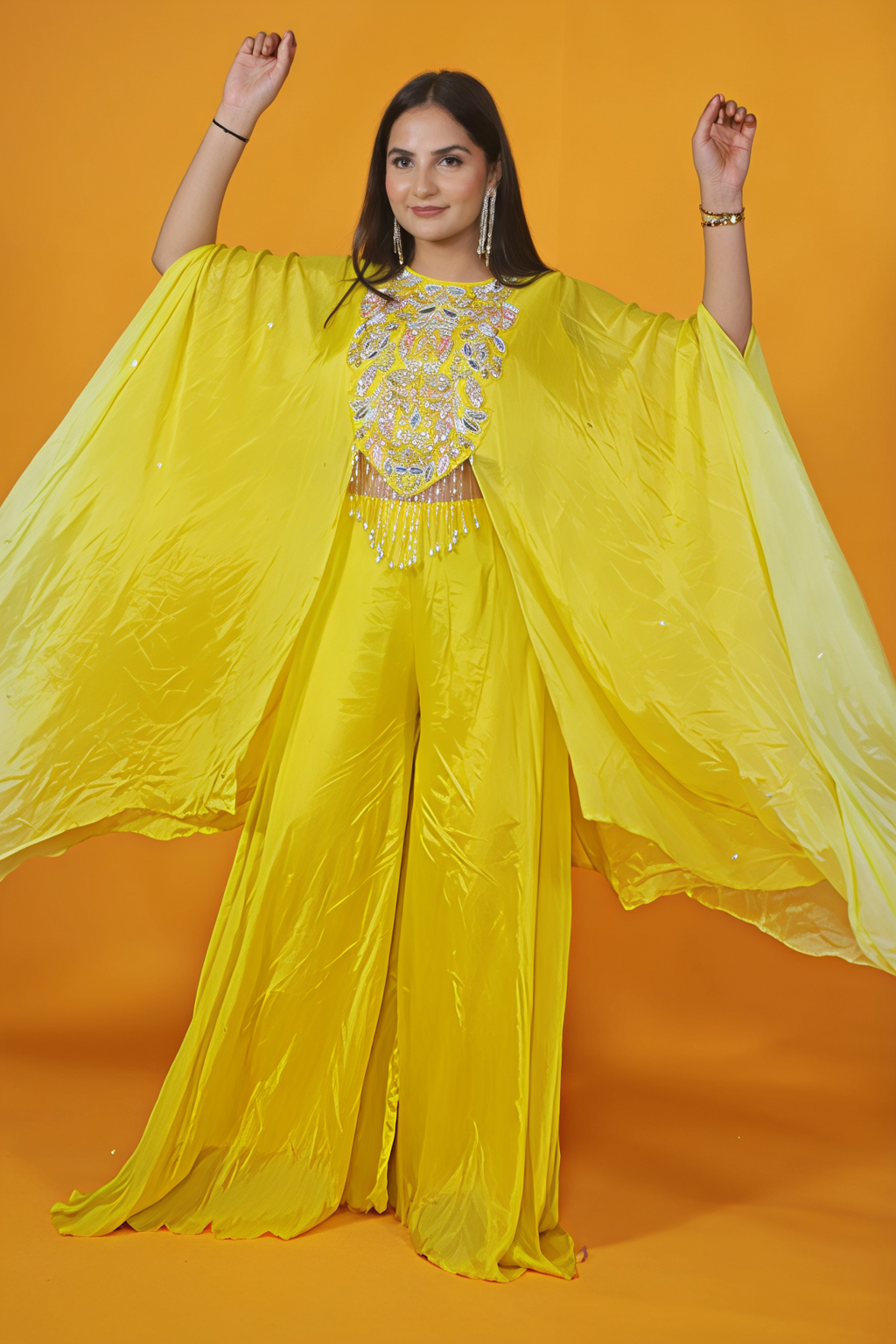 Yellow Crepe Silk Kaftan with Handwork and Sharara