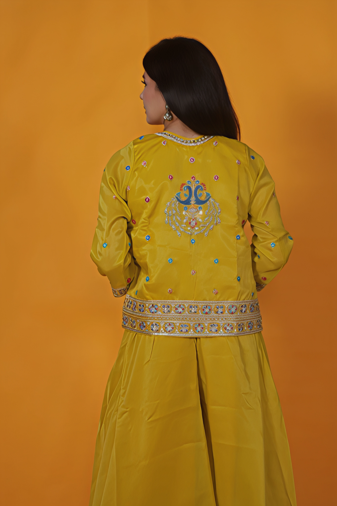Yellow Mosh Silk Blouse with Zari Butti, Embroidery Jacket & Sharara