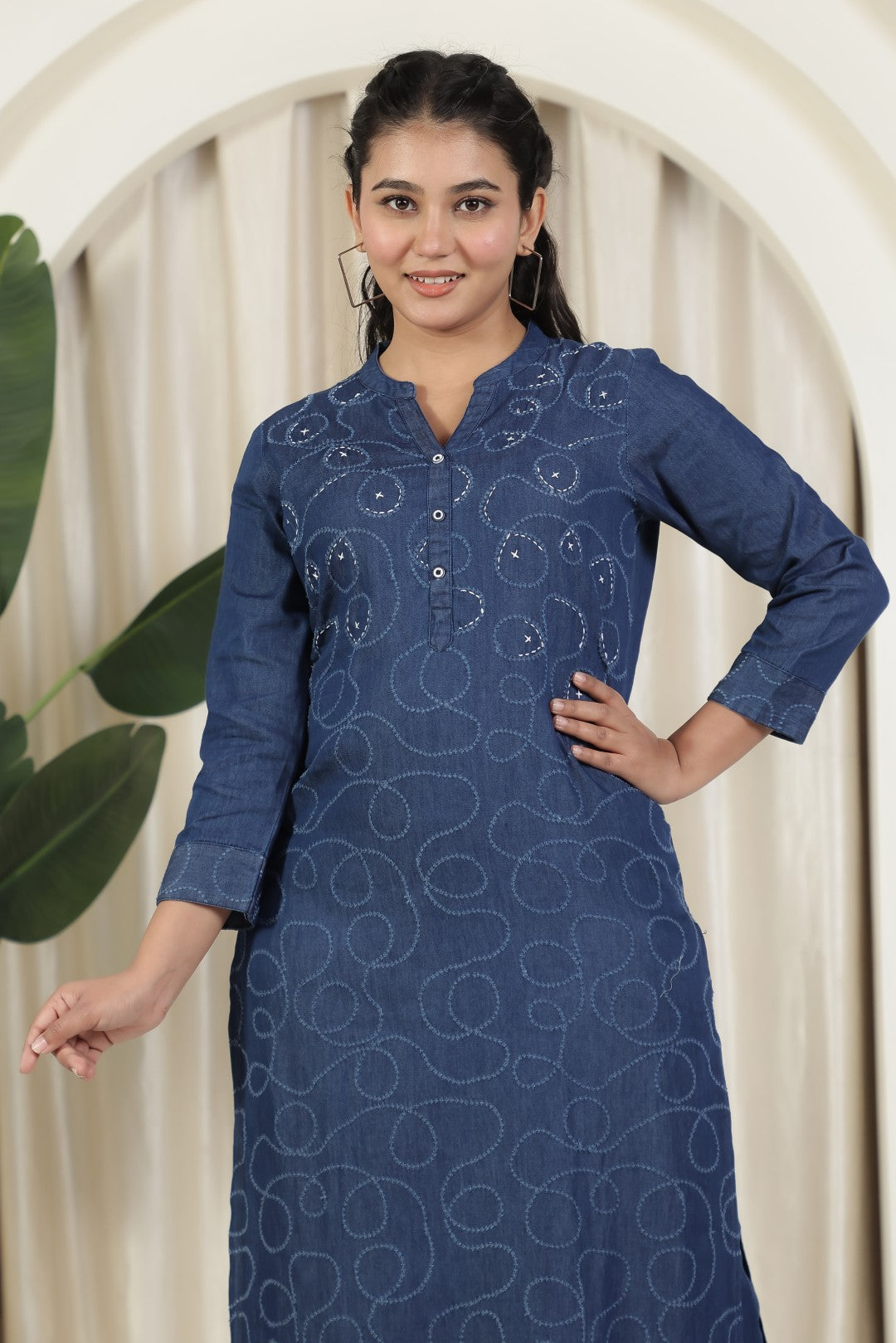 Navy Blue Denim Suit with Blue Thread Embroidery and Paired with Matching Pant