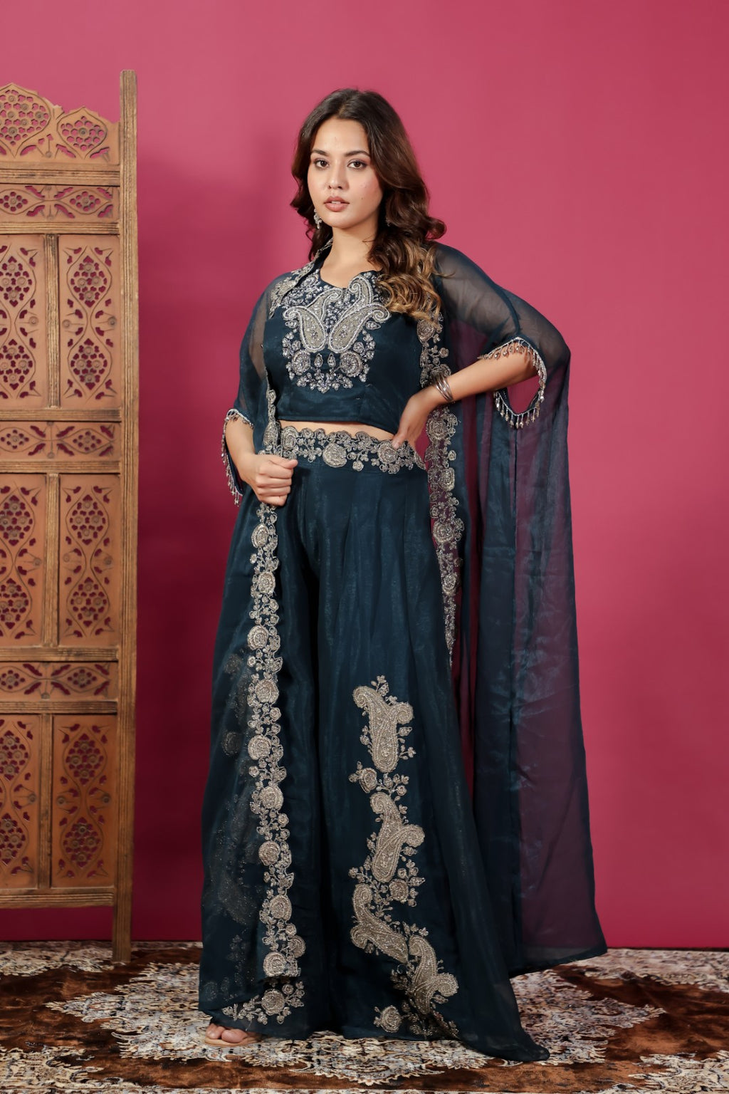 Dark Teal Blue Lurex Chiffon blouse with Patch Handwork, Sharara & Shrug