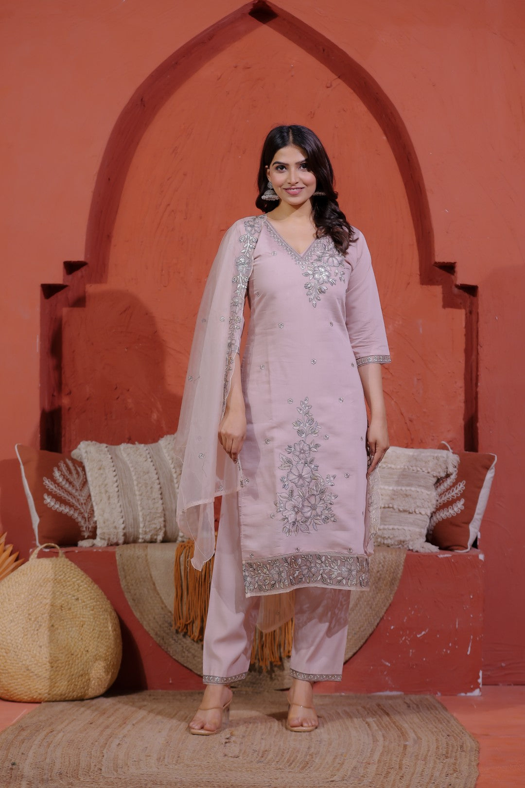 Light Peach Muslin Suit with Thread Embroidery, Bottom & Dupatta
