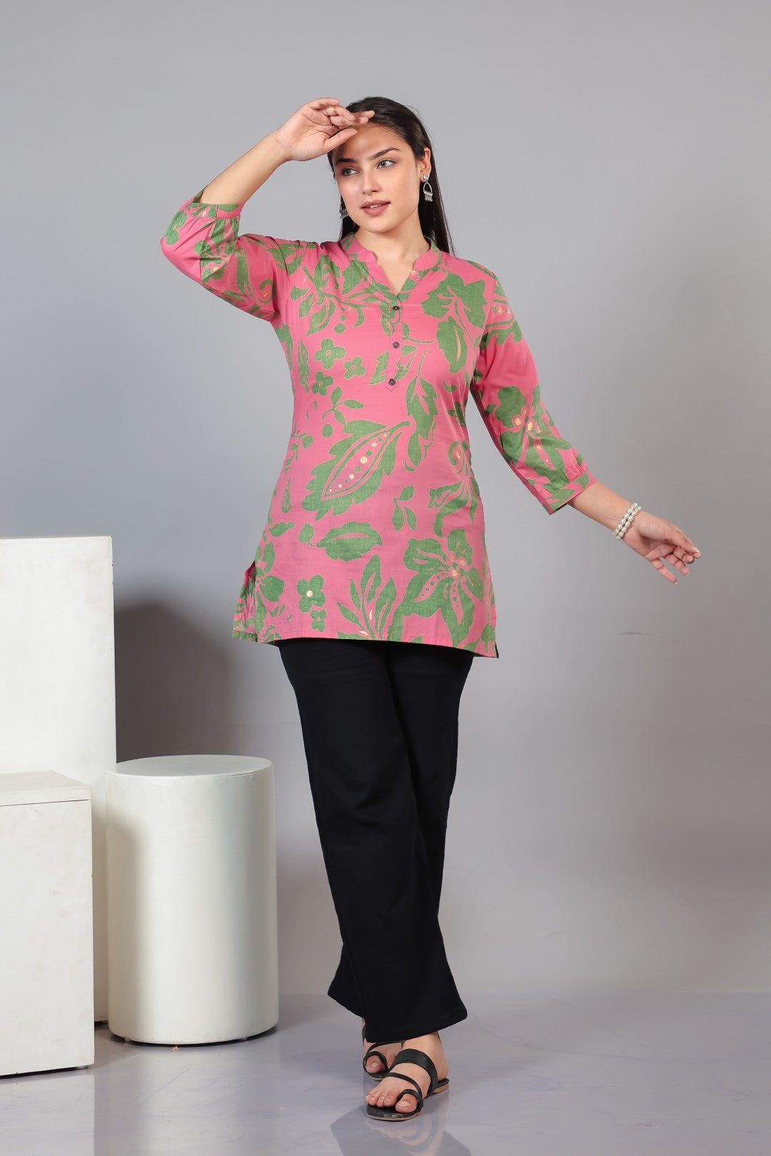 Pink Cambric Cotton Floral Printed Short Kurti