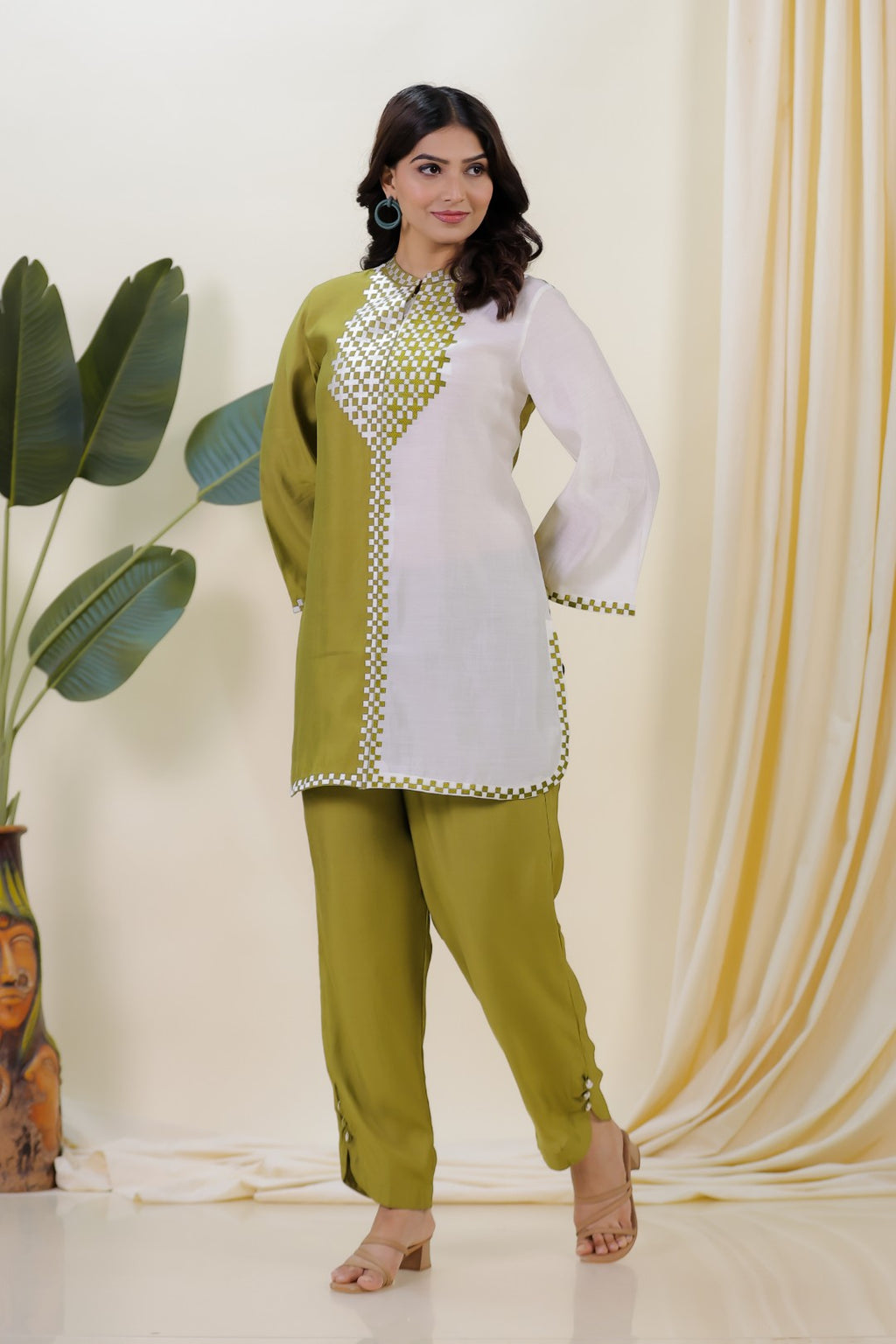 Mehendi Green & Silver Muslin with Thread Work Co-ord Set