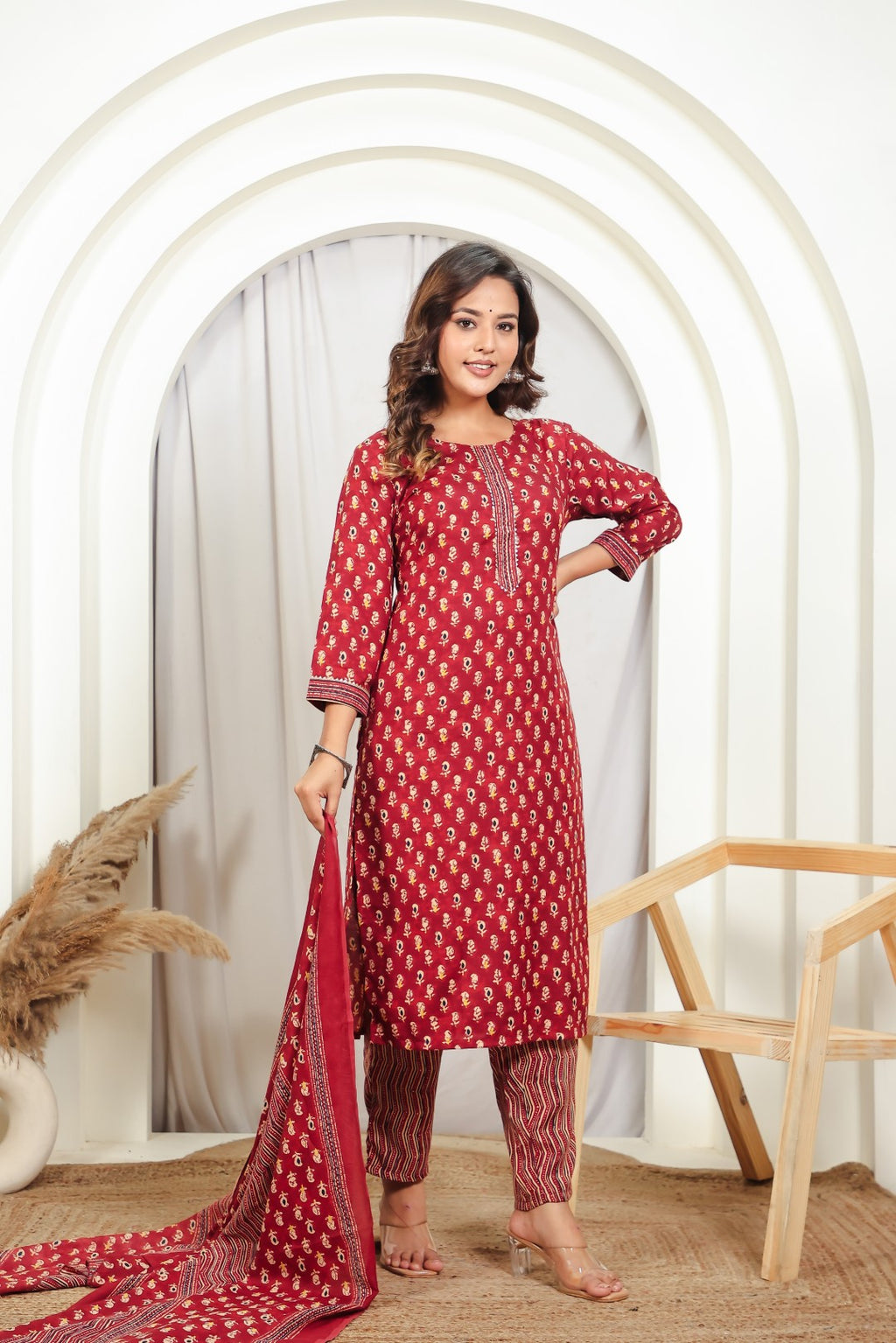 Maroon Slub Cotton Printed Suit with Lining Print Bottom & Dupatta