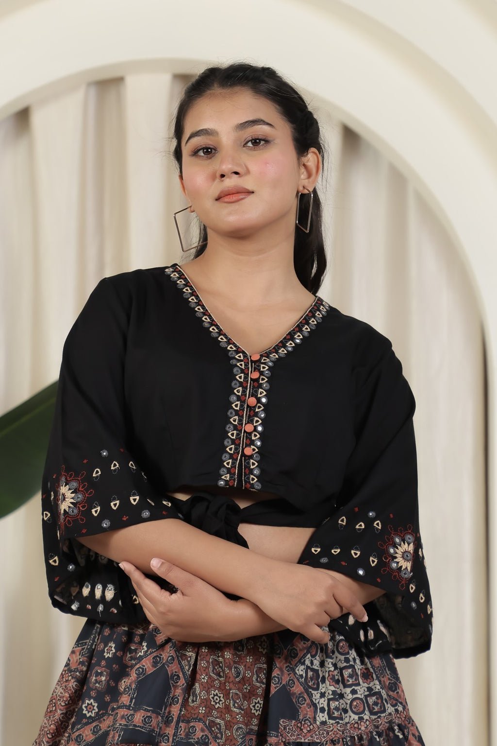 Black Rayon Cotton Top with Thread Work and Printed Skirt