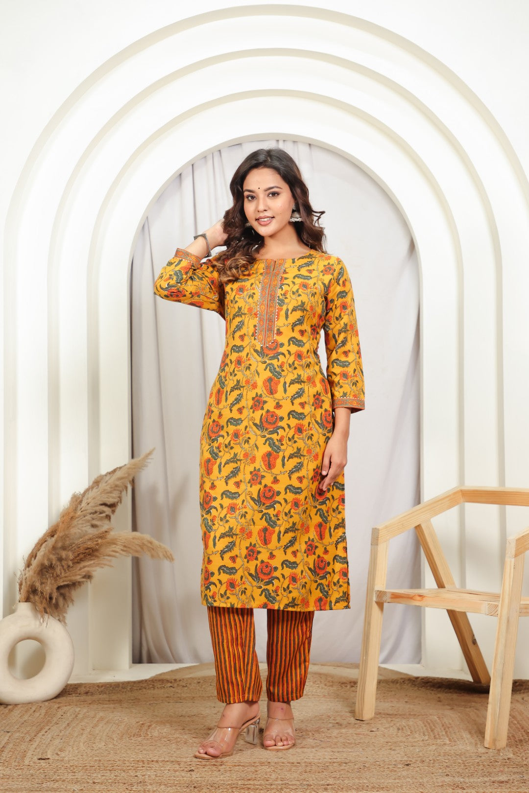 Mustard Yellow Slub Cotton Floral Printed Suit, Bottom & Dupatta
