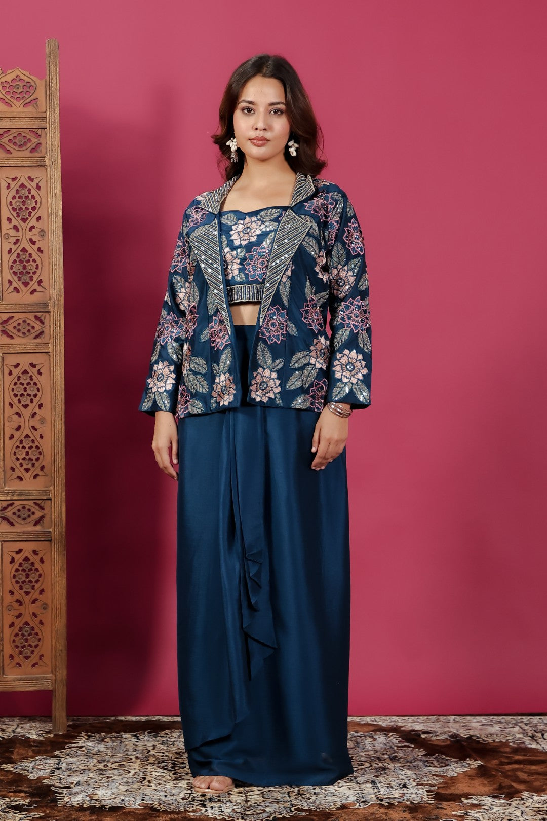 Dark Teal Blue Chinon Silk Blouse with Thread & Sequence Work, Jacket & Dhoti