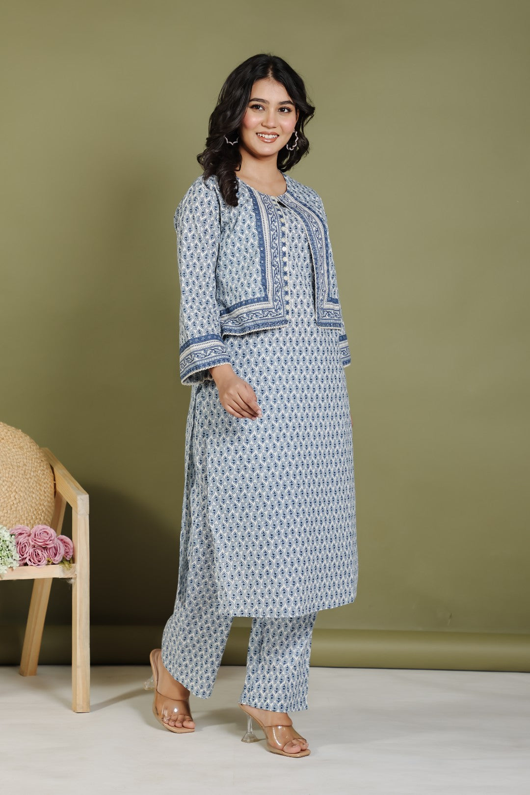 Offwhite Cotton Suit with Blue Prints and Paired With a Matching Jacket & Pant