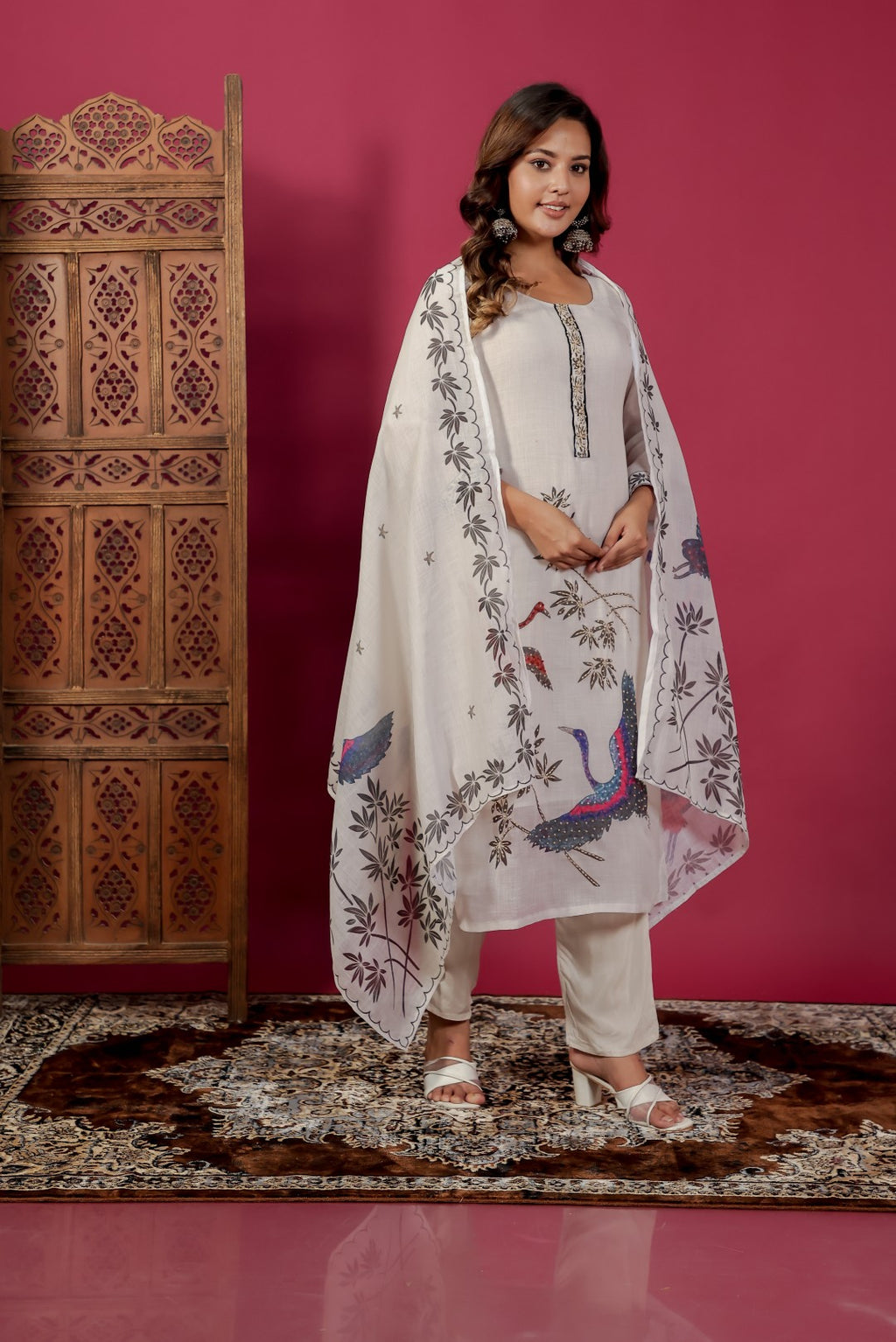 Off White Jute Linen Suit with Duck Print & Lucknavi Work, Bottom & Dupatta