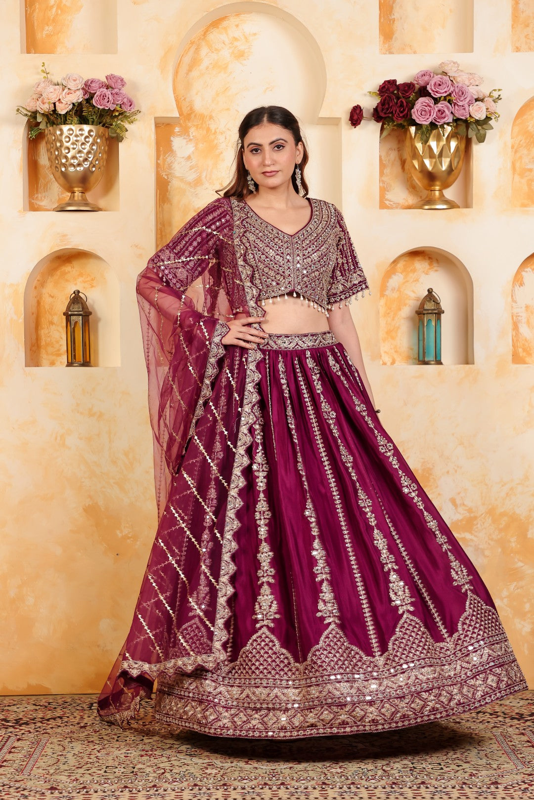Wine Chinon Lehenga with Heavy Zari work and Matching Blouse with Net Dupatta