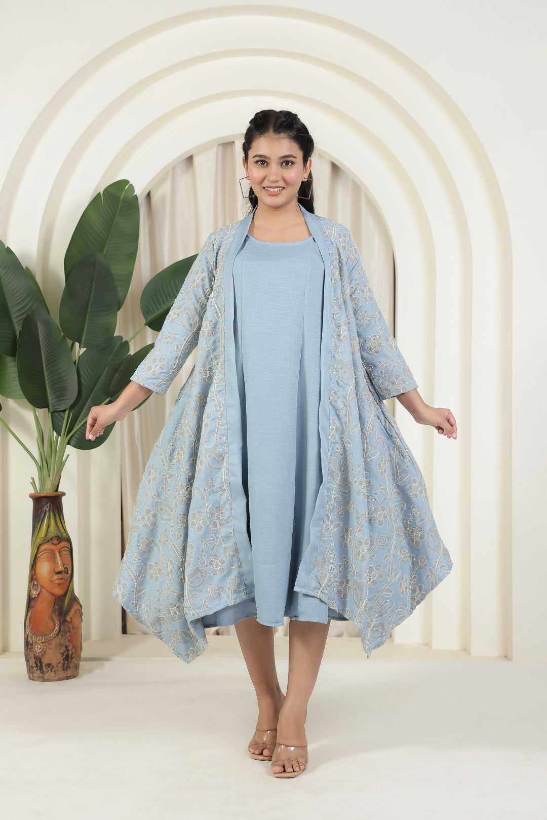 Baby Sky Blue Fiona Cotton Cut-sleeves Top and Jacket with Full Thread Embroidery